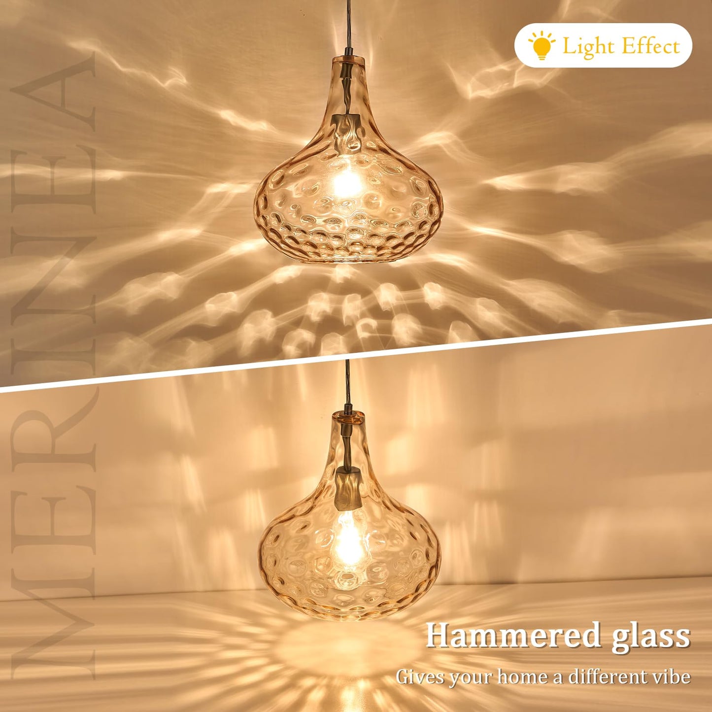 MERINEA 11" Amber Hammered Glass Pendant Light – Brushed Nickel Finish, Adjustable Hanging Cord, Modern Farmhouse Ceiling Light for Kitchen Island, Dining Room, Hallway