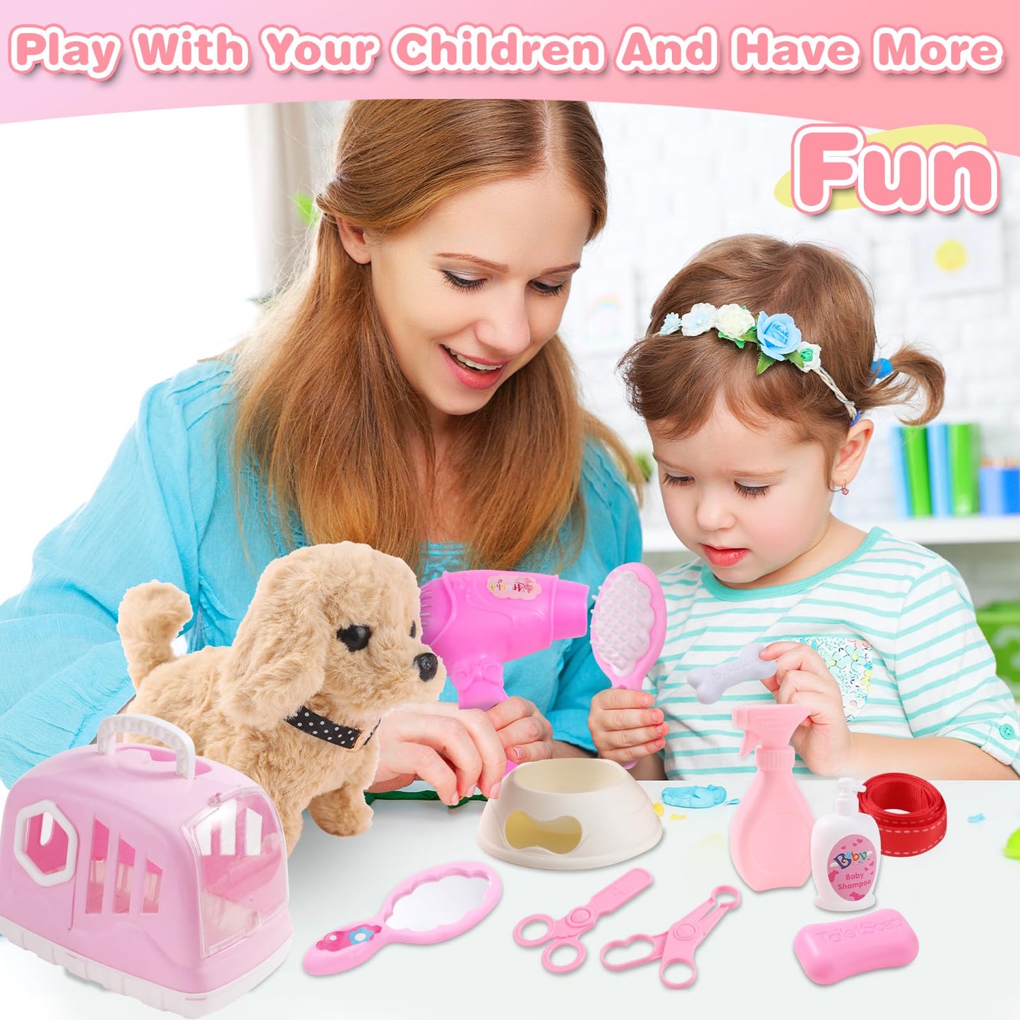 Volmop 14 Pcs Dog Toys for Kids Walking Barking Electronic Interactive Plush Puppy Toy with Carrier and Accessories Pet Care Toy Set for Kids Girls Boys 3 4 5 6+