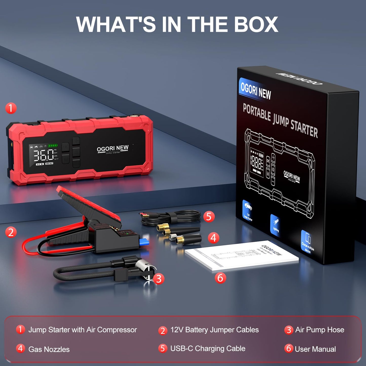 7000A Jump Starter with Air Compressor, 21800mAh 150PSI Portable Car Battery Jump Starter (All Gas/16L Diesel), 12V Supersafe Jump Box Car Battery Booster with Jumper Cables, Lights