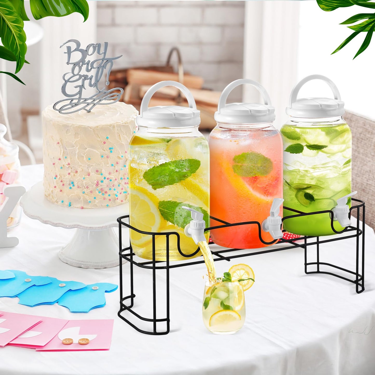 Tanlade Plastic Drink Dispenser with Stand Beverage Dispenser with Sturdy Metal Base Juice Dispensers for Parties Lemonade Jar Spigot for Weddings Countertop, Each 1 Gallon(White)