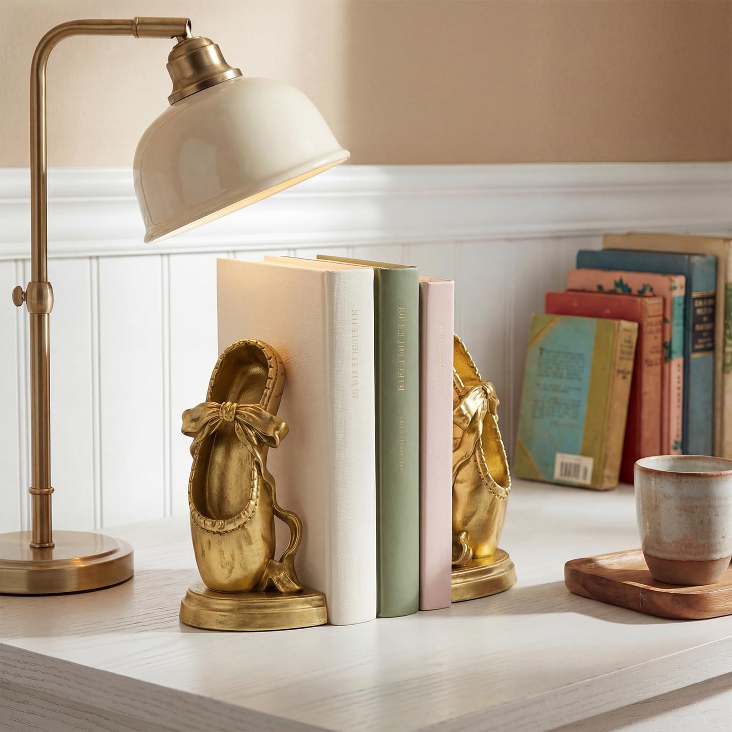 MXARLTR Bookends for Shelves, Ballet Slipper Decorative Bookends - Book Ends with Anti-Slip Pad for Book Lovers Dancers Heavy Book Holder for Home Office Decor (Gold)