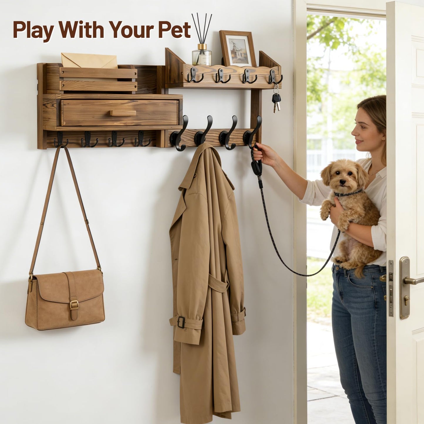 Dellicasi 29" Coat Rack Wall Mount with Shelf & Drawer, Heavy Duty Wood Entryway Organizer, Wall Coat Hanger with 12 Metal Hooks, Wall Mounted Coat Rack Key & Mail Holder for Living Room, Bedroom