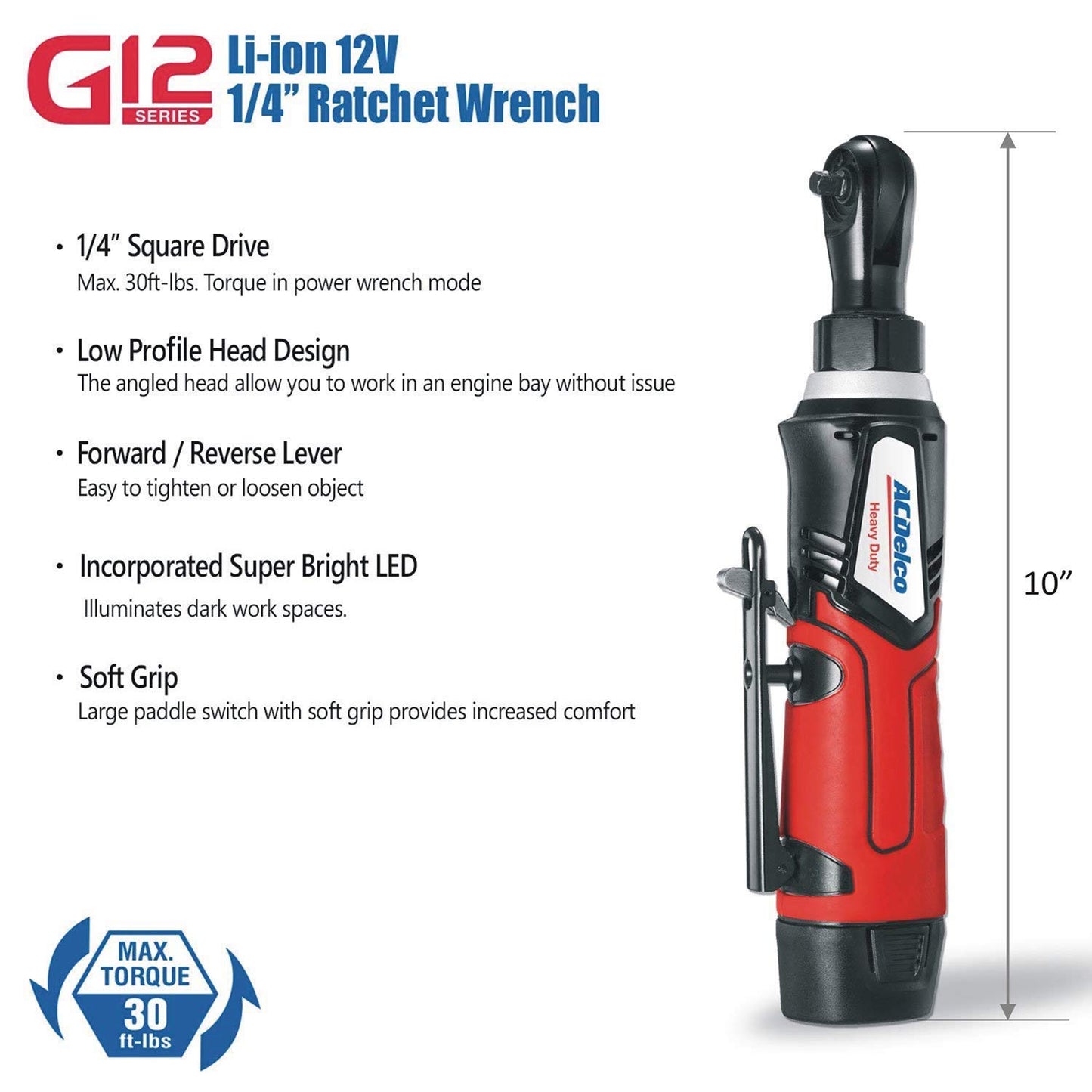 ACDelco ARW1207P G12 Series 12V Cordless Li-ion 1/4” 30 ft-lbs. Torque Ratchet Wrench Tool Kit, Red