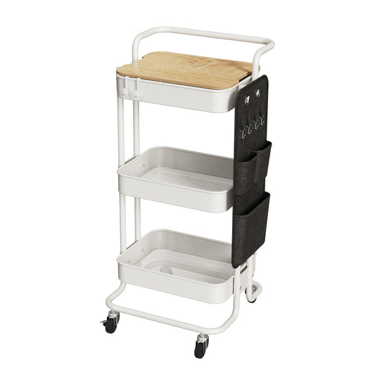 DTK 3 Tier Metal Utility Rolling Cart with Table Top and Side Bags, Metal Tray Storage Organizer Cart with Wheels, Art Craft Cart with 4 Hooks for Kitchen Bathroom Office Living Room (White)