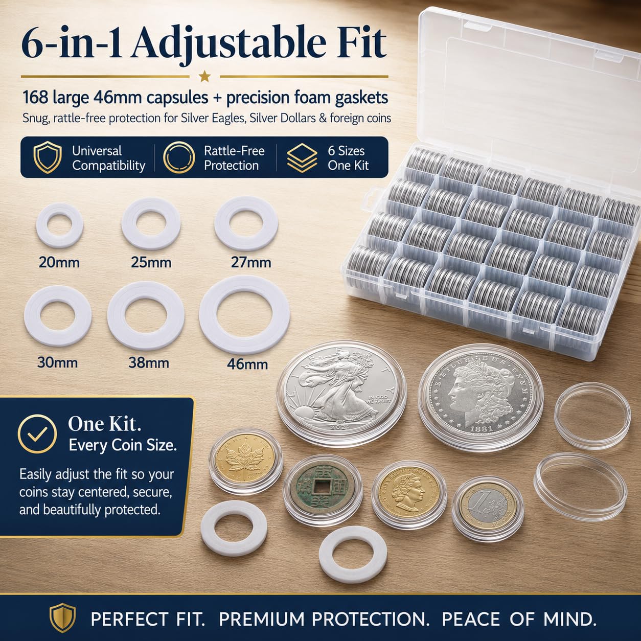 FULLCASE Coin Holders for Collectors–168Pcs Coin Capsules with 6-Size Foam Gaskets (20-46mm) for Silver Dollars Eagles & Foreign Coins, Airtight Coin Storage Box Organizer Collecting Supplies