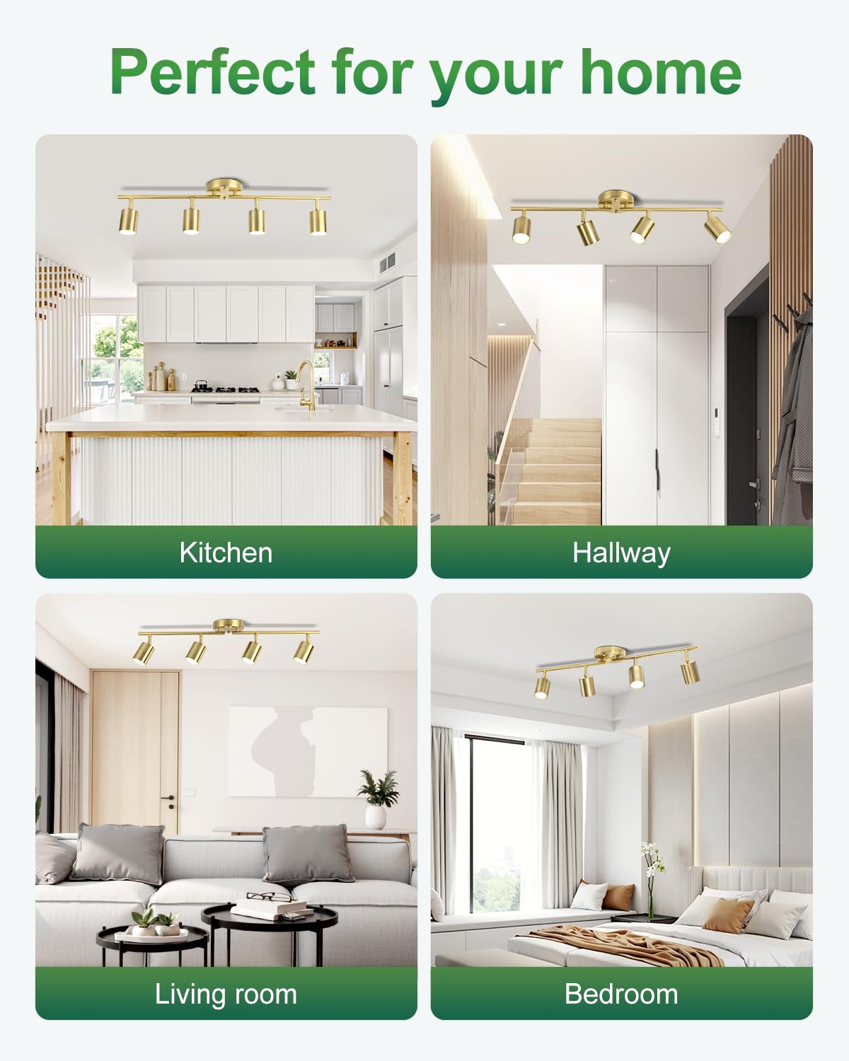 Fondiiz 4 Ways Track Lighting, Rotatable Heads Tracks Light, Track Lightings Fixtures Ceiling with Foldable Arms, Brushed Gold Tracks Light for Kitchen, Living Room, Hallway(Bulbs Not Included)