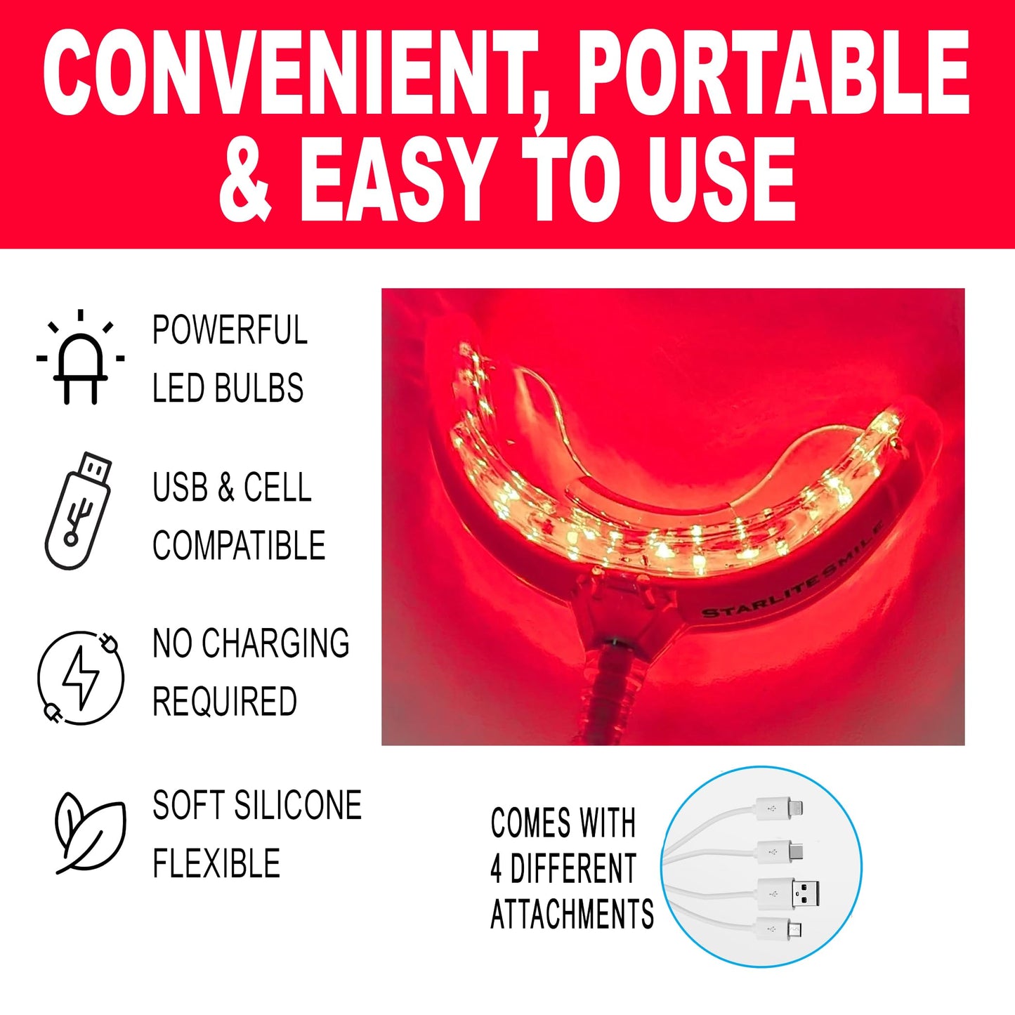 Red Therapy for Gums, Toothache Relief, 32 LED Periodontal Light, Bleeding Gums, Gum Health Red Light, with adapters for USB/C, iPhone, and Android from Starlite Smile