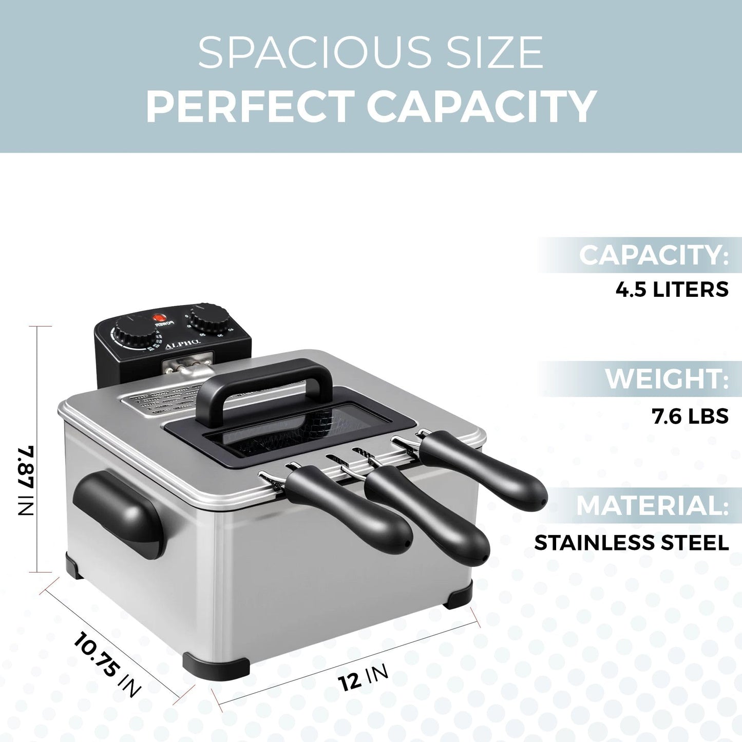 Alpha Living Electric Deep Fryer – 4.5L Deep Fryer with Basket with 2-Quart and 4-Quart Baskets – High-Grade Stainless Steel – Temperature Control and Timer – Ideal for Fried Chicken, Fries