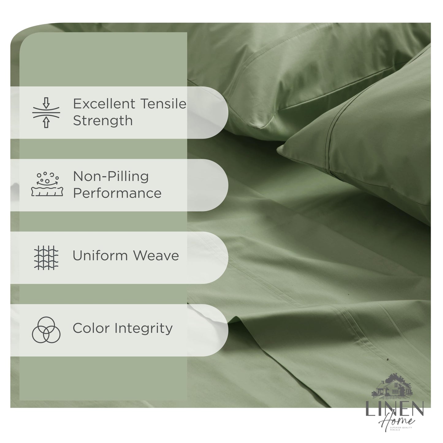 Linen Home 100% Cotton Percale Sheets Queen Size, Oil Green, Deep Pocket, 4 Pieces Set - 1 Flat, 1 Deep Pocket Fitted Sheet and 2 Pillowcases, Crisp Cool and Strong Bed Linen