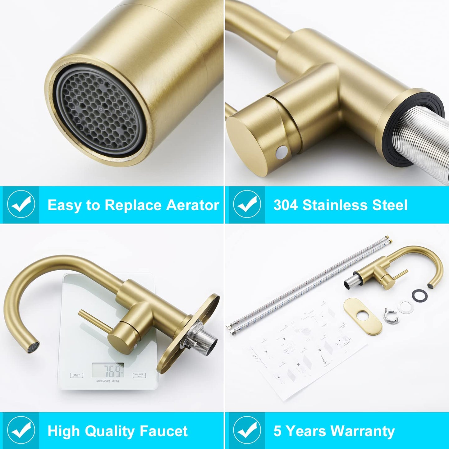 CREA Bar Sink Faucet Single Hole,Brushed Gold Faucets for Large Bathroom Basin/Small Kitchen Sink,Stainless Steel with Deck Plate,Prep Wet Bar Lavatory Vanity Outdoor