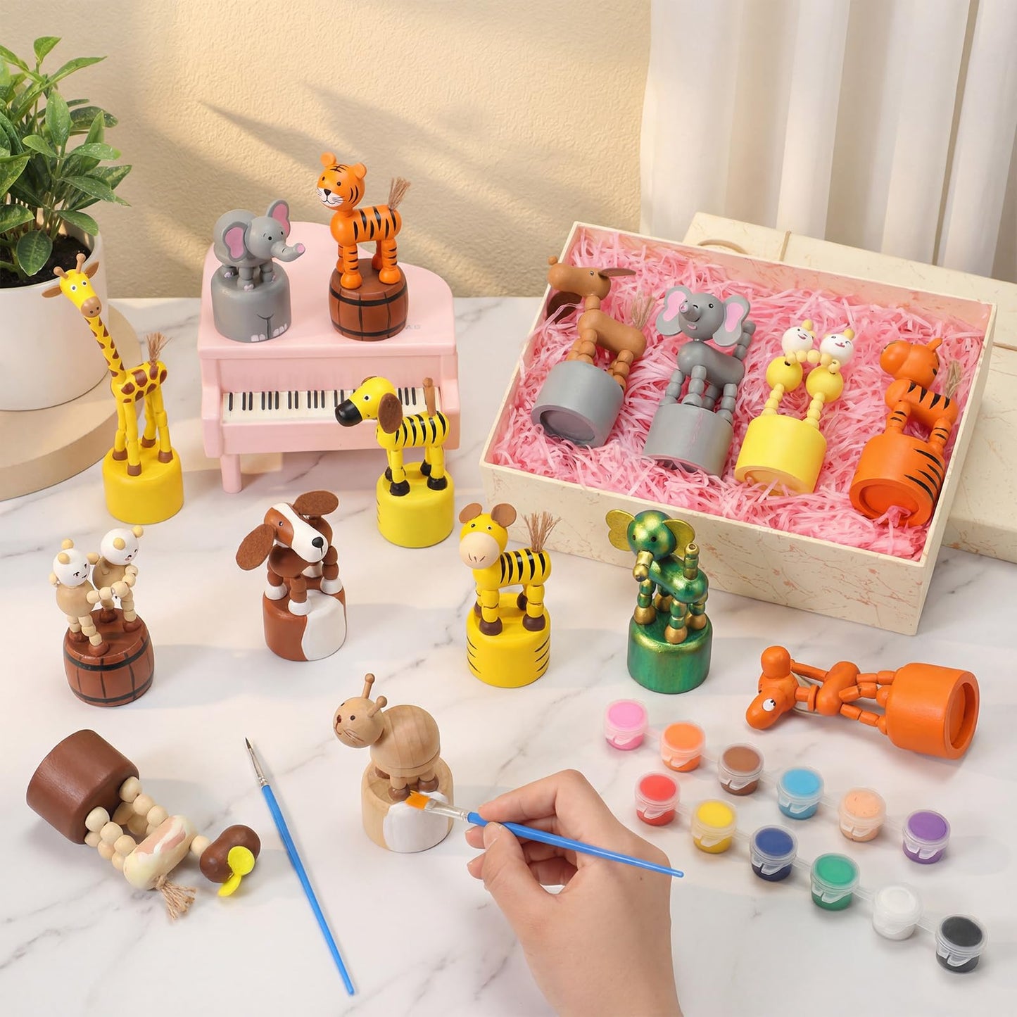 DoubleFill 16 Pcs Painting Craft Kits for Kids Unfinished Wood Animals Figures Crafts with 3 Set Paints 2 Pcs Brushes DIY Arts and Crafts for Boys and Girls Spring Gifts for Painting Party Favors