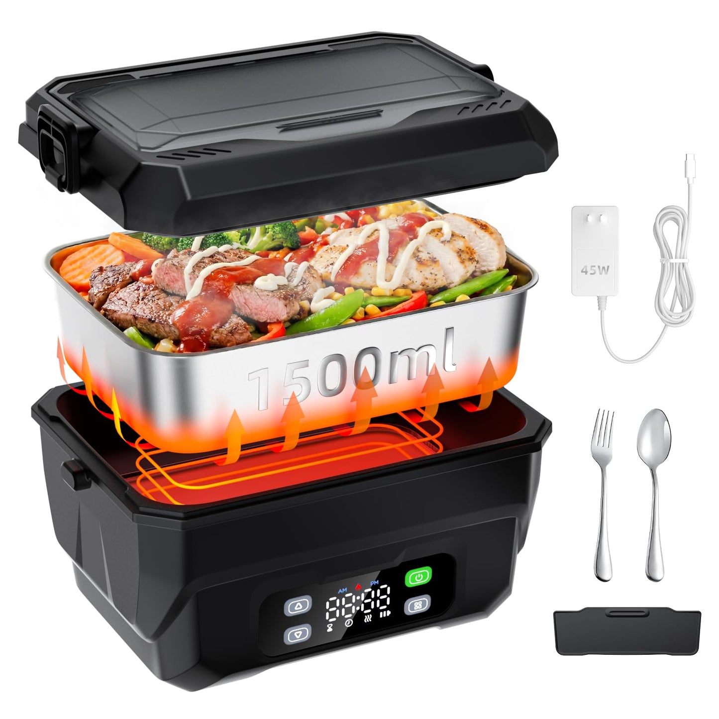 100W Cordless Heated Lunch Box, 45W Fast Charging＆22000mAh Rechargeable Electric Lunch Box for Adults - 6.5 Cups Portable Food Warmer with 24H Scheduled Heating, for Work, Office, Outdoor(Black)