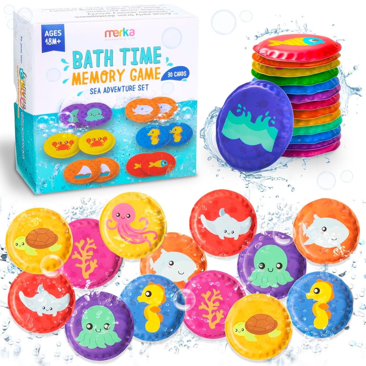 merka Bath Toys, Floating Flash Cards for Bathtime, Set of 30 Foam Bathtime Toy Set for Memory Game, Sea Adventure Designs, Learning Activity for Babies, Infants and Toddlers