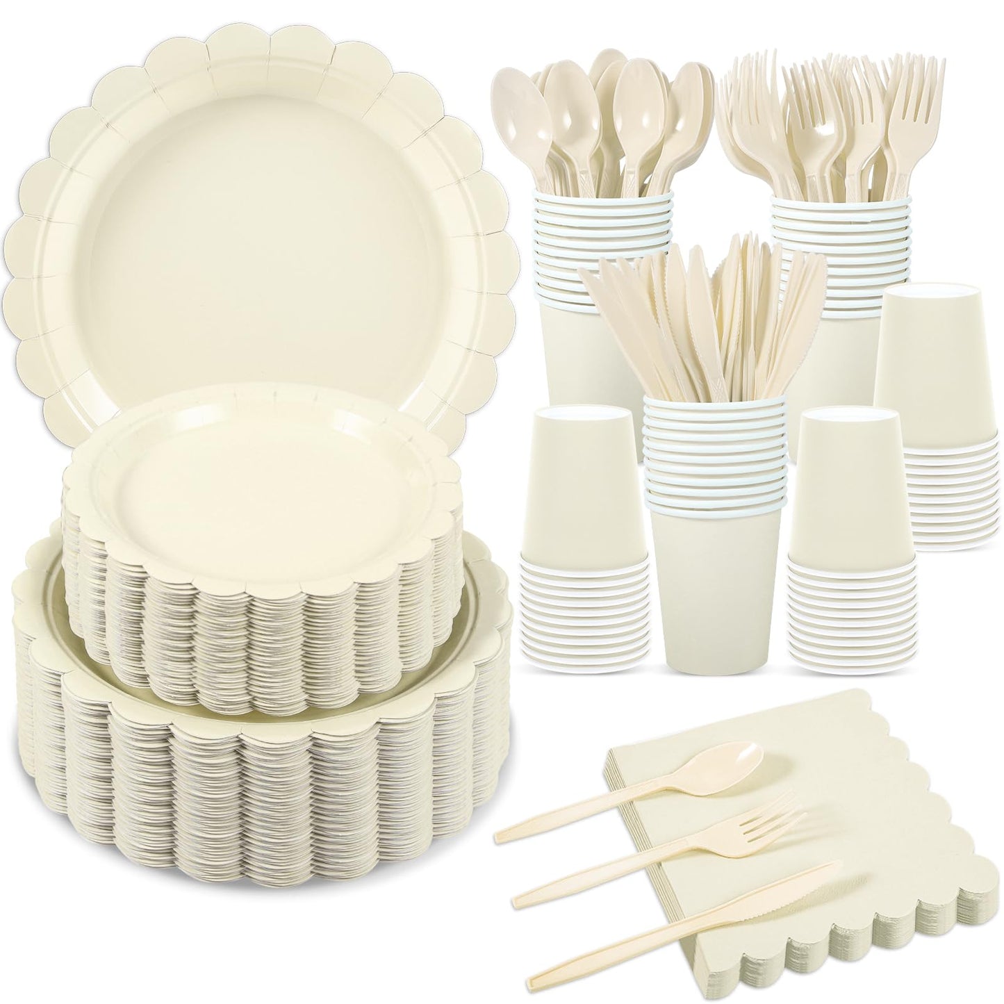 Xiangqu 350 Pcs Ivory Dinnerware Sets, 9" Party Plates, 7" Cream Dessert Plate, 9oz Cups & Cutlery, 50 Guest Beige Scalloped Disposable Plates Set for Baby Bridal Shower, Wedding, Birthday
