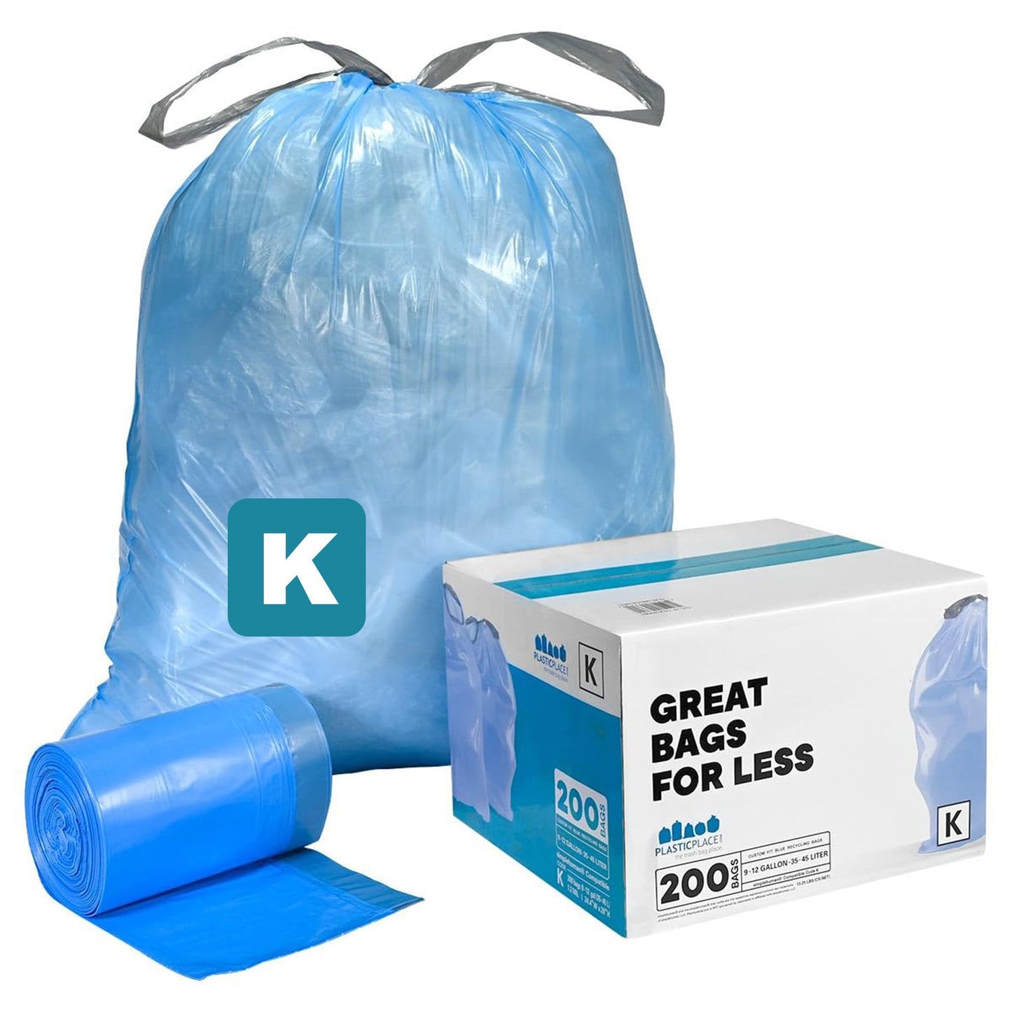 Plasticplace Custom Fit Trash Bags, Compatible with simplehuman Code K (100 Count) Tinted Blue Drawstring Garbage Liners 10 Gallon / 38 Liters, 24" x 28"