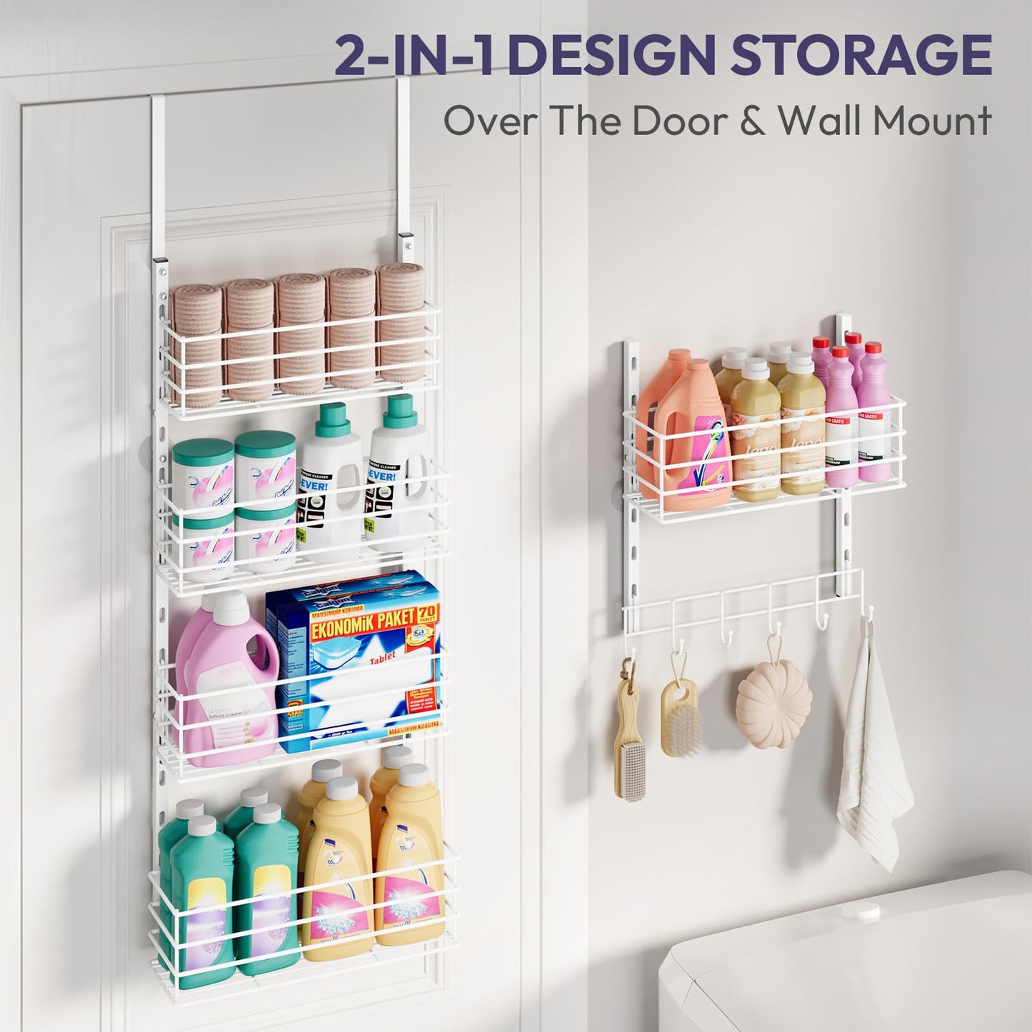 SWTYMIKI Over The Door Organizer - Door Organizer Hanging with 5 Adjustable Metal Large Capacity Basket and 6 Coat Hook, Wall Mounted Shelves for Bedroom Closet Bathroom Laundry Pantry Kitchen