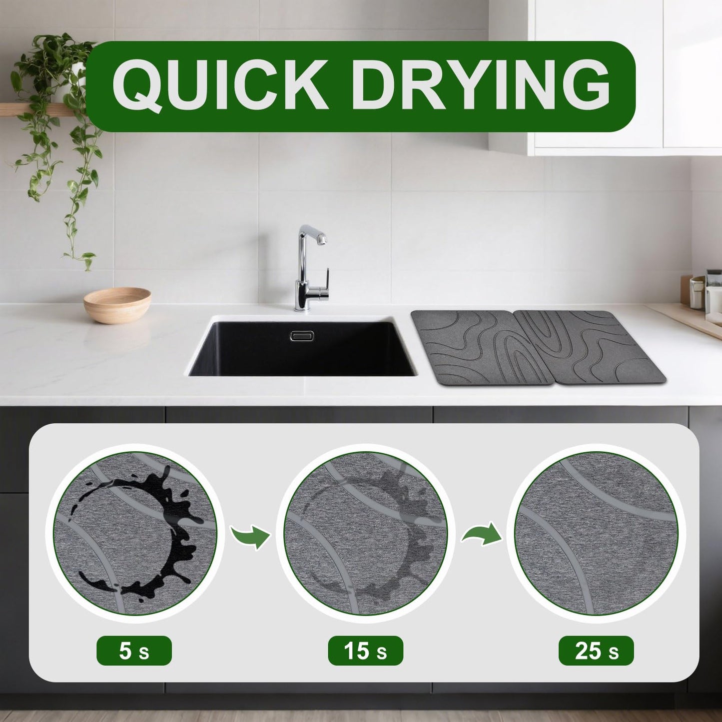 2Pack Stone Drying Mat for Kitchen Counter,16''x12'' Quick Dry Stone Mat Kitchen,Double-sided Diatomaceous Earth Design Stone Drying Mat, No Water Accumulation Dish Drying Stone (Curved Stripes)