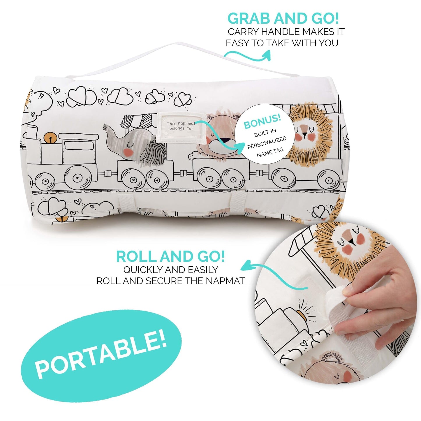 JumpOff Jo Nap Mat for Kids - Cozy Kids Rest Mat with Removable Pillow and Ultra Soft Blanket for Preschool, Daycare, and Sleepovers - Zoo Train