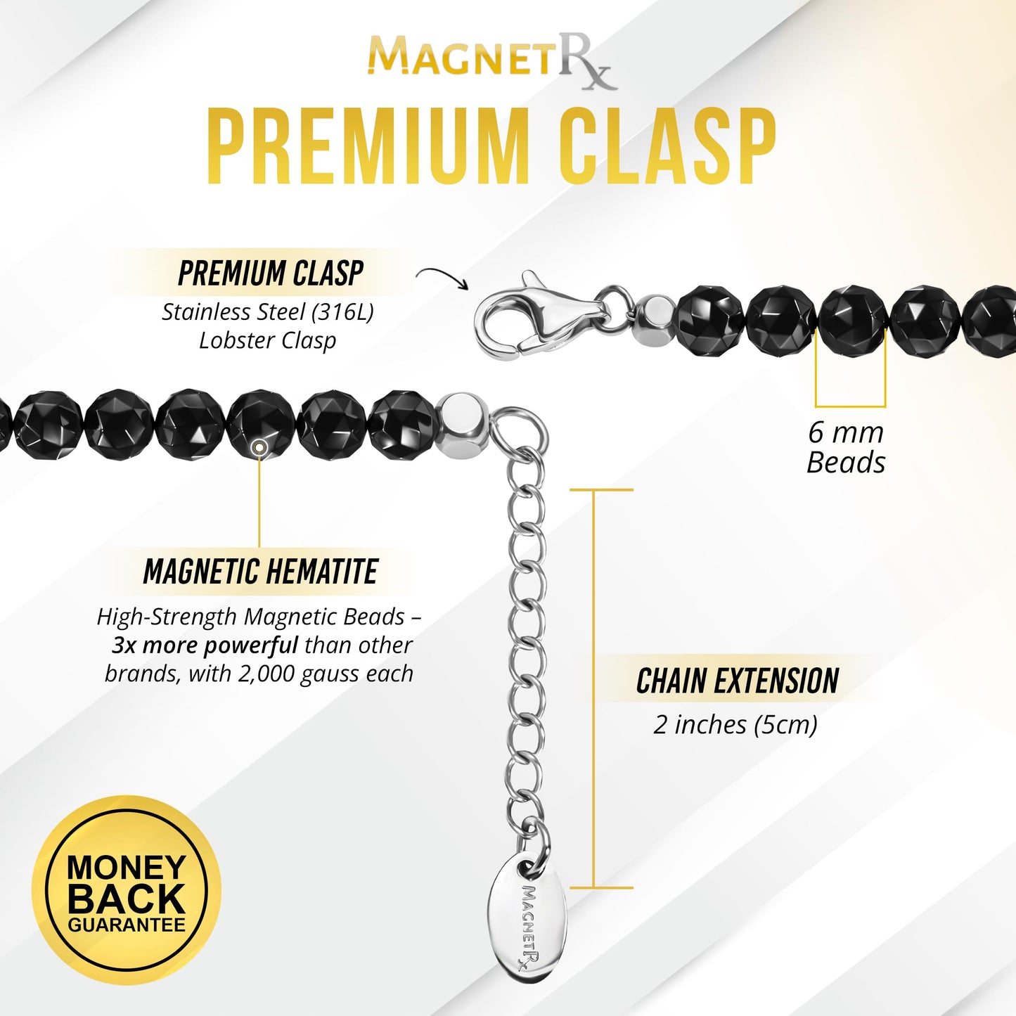 MagnetRX® Magnetic Hematite Necklace – Ultra Strength Hematite Stones – Unisex Beaded Necklace for Women and Men (6mm Faceted Beads)
