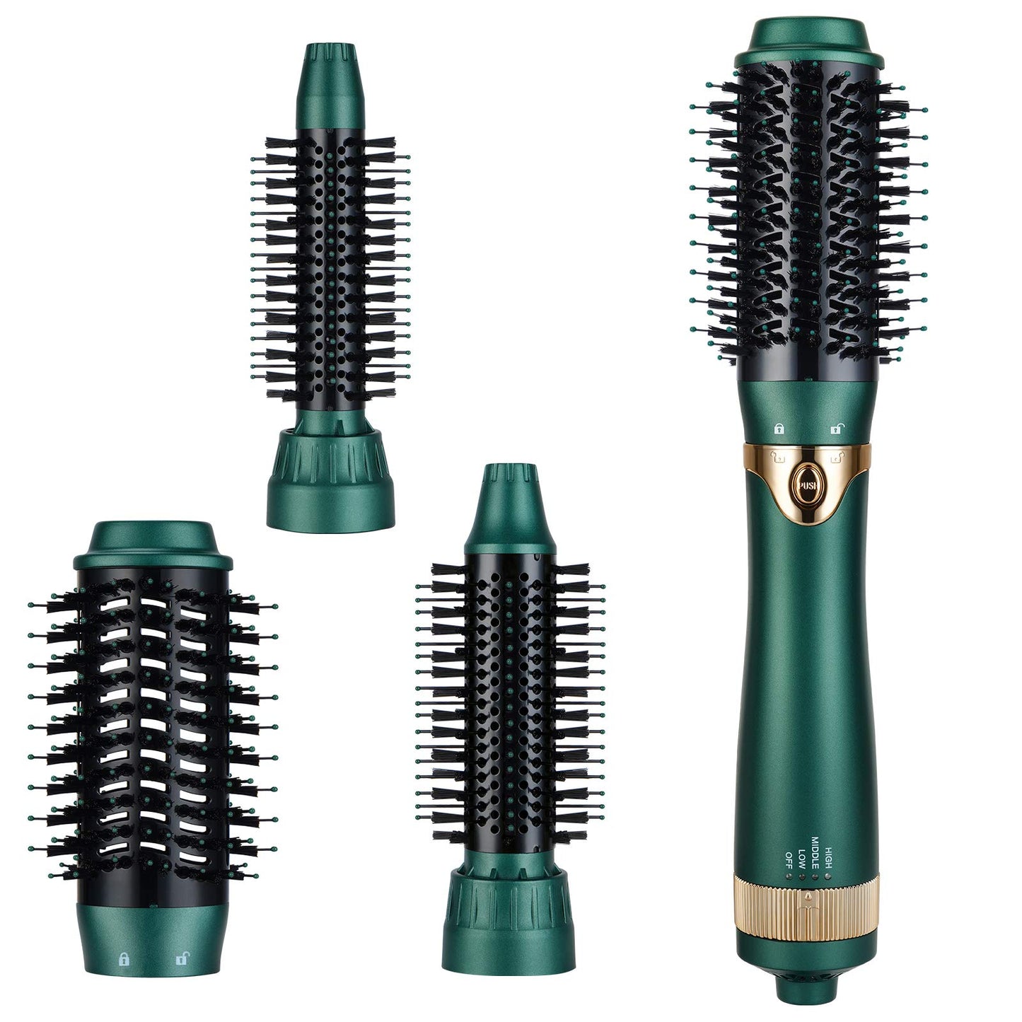 Sinperne Hair Dryer Brush, 3 in 1 Interchangerable Hair Dryer & Volumizer, Ceramic Negative Ion Curling Dryer Styler Brush with 3 Brush Heads (Green)