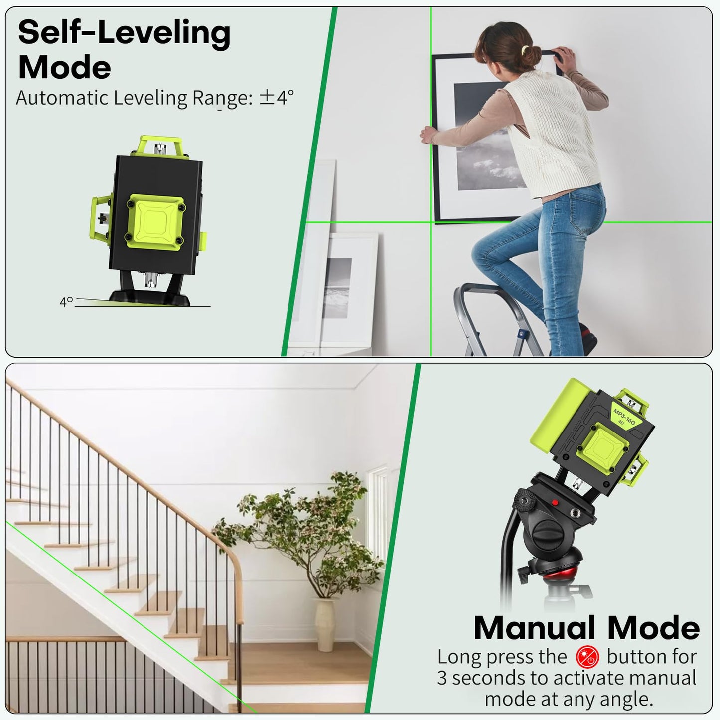 16 Line Laser Level 360 Self Leveling,4x360° Professional 4D Cross Line Green lazer Level with 2 Batteries for Construction and Picture Hanging,Adjustable Brightness Magnetic Bracket,Remote Control