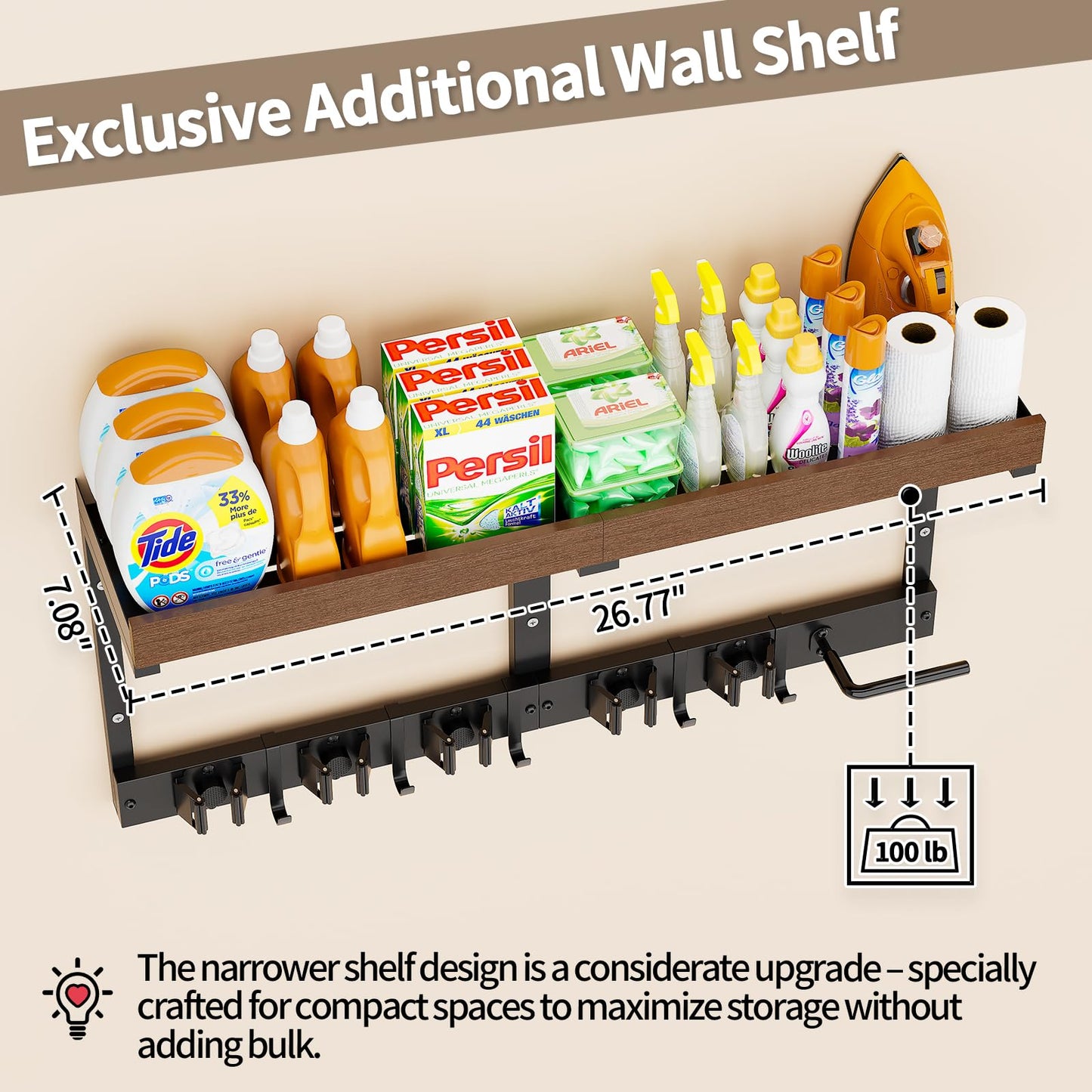 Broom Holder Wall Mount with Cleaning Supplies Organizer, Laundry Room Shelves with Mop Hanger Rack Gripper Hooks and Vacuum Organizer, Broom and Mop Organizer Wall Hanging for Home Garage Kitchen