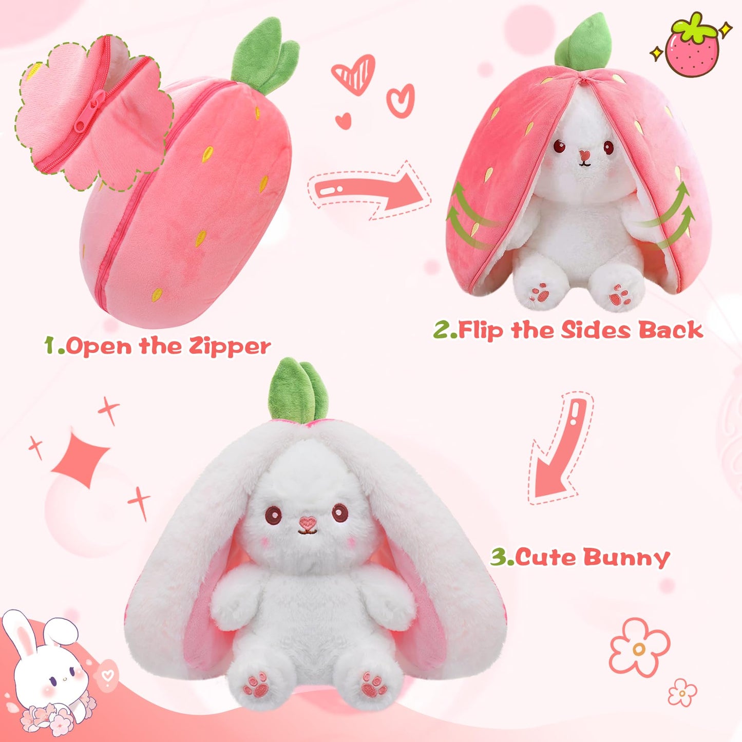 MIAODAM 13.7inch Large Easter Bunny Stuffed Animal, Kawaii Squishy Cute Easter Bunny Plush Turn Into Rabbit Fruit Doll Carrot Strawberry Pillow, Plushies Funny Bunny Toy for Baby Gifts for Girlfriend