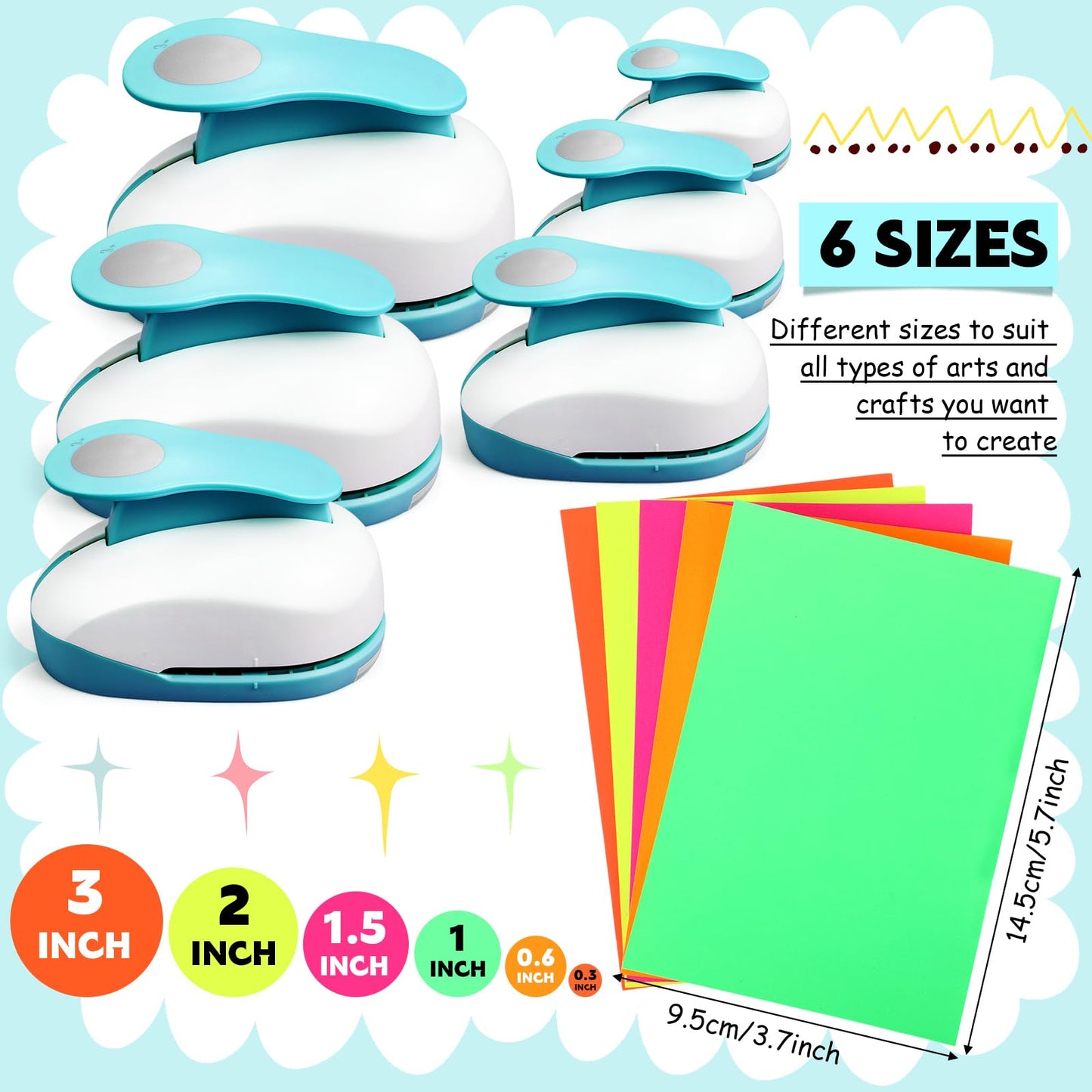 CHENGU 6 Pcs Circle Punch Set 3in/2in/1.5in/1in/0.6in/0.3in Scrapbook Hole Punchers Crafting with 10 Sticker Paper Round Cutter Scrapbook for Office Supplies DIY Albums Photos(Blue)