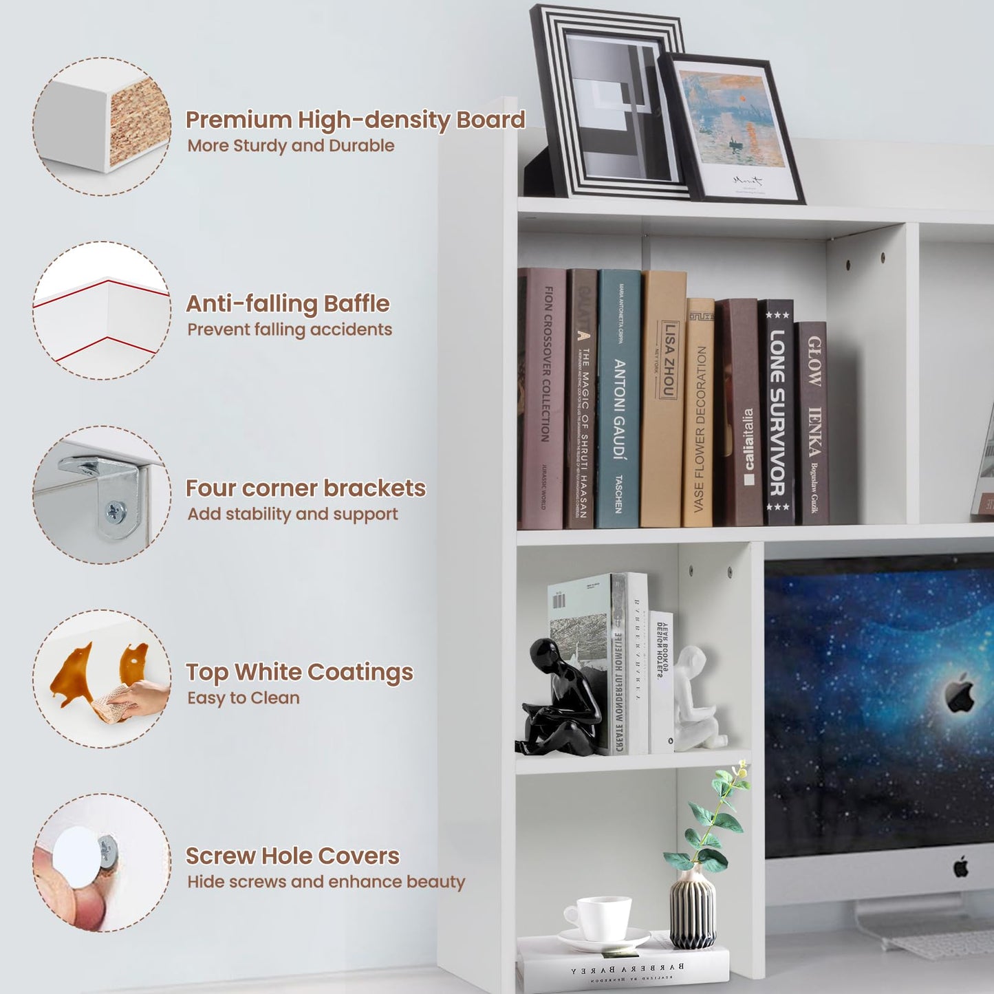 storenization Desktop Bookshelf 36" Tall, White Desk Hutch for Dorm Computer Desk, 4-Tire Wood Desk Shelf Storage Organizer for Office Home