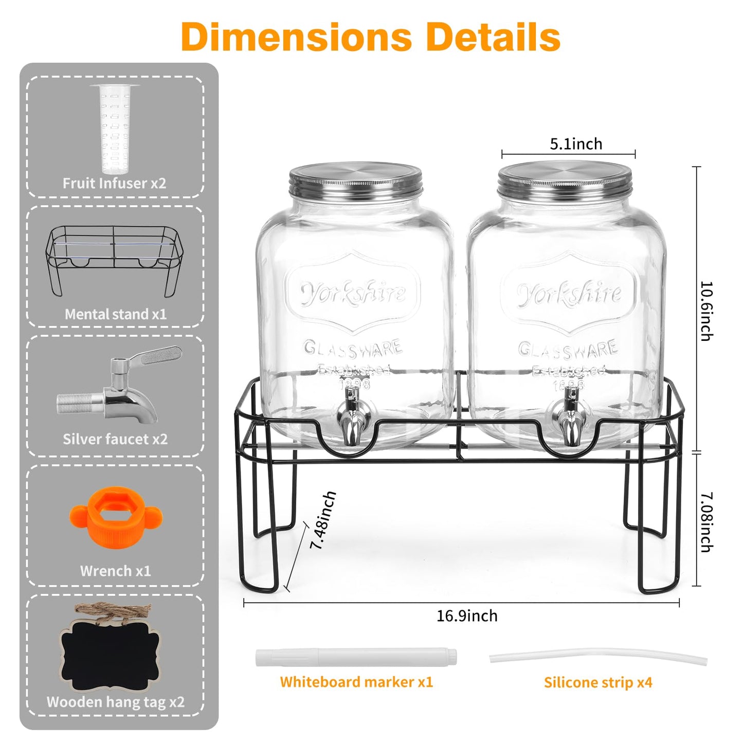 1.6 Gallon Glass Drink dispenser, 2 PCS Beverage Dispenser With Stand, Lemonade Dispenser with Stainless Steel Spigot,Drink Dispensers for Parties,Weddings, Picnic