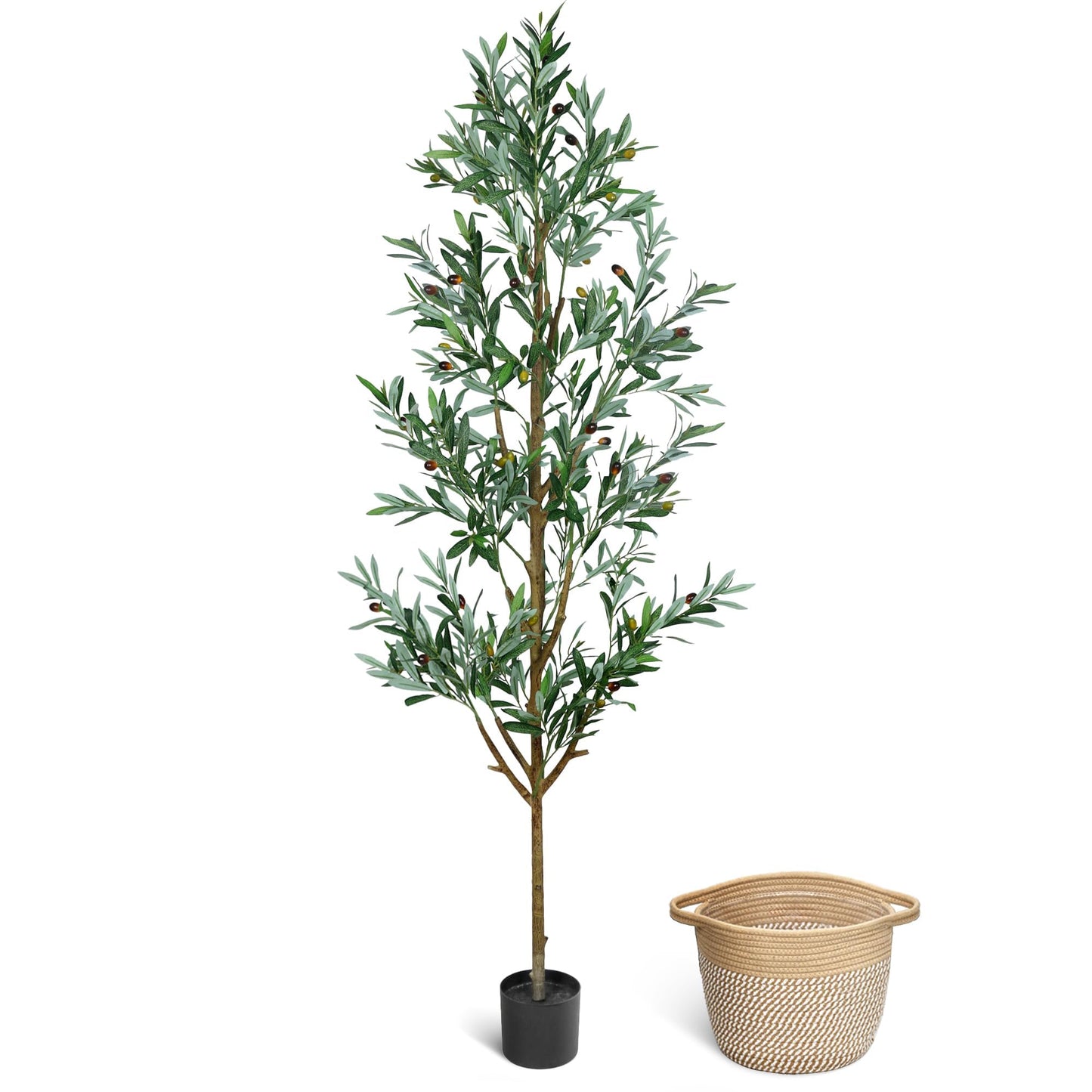 ZOES HOMDECO Faux Olive Tree 6ft, Olive Trees Artificial Indoor with Planter and Basket, Tall Fake Tree with Realistic Leaves and Fruits for Home Living Room Bedroom Outdoor Decor