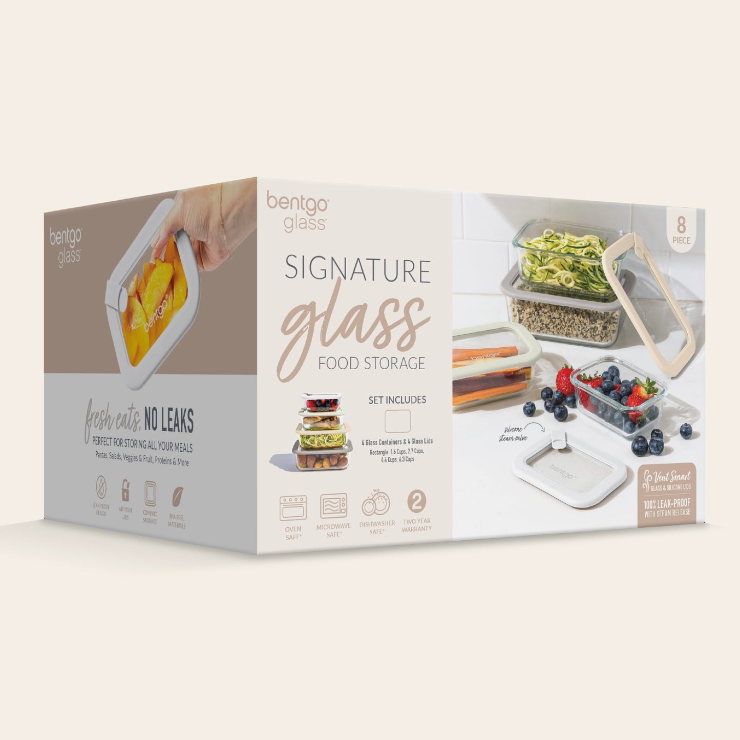 Bentgo Signature Leak-Proof Glass Food Storage - 8-Piece Set, 1-Compartment Plastic-Free Containers with Airtight Glass Lids, BPA-Free, Microwave, Freezer, Oven & Dishwasher Safe (White Stone)