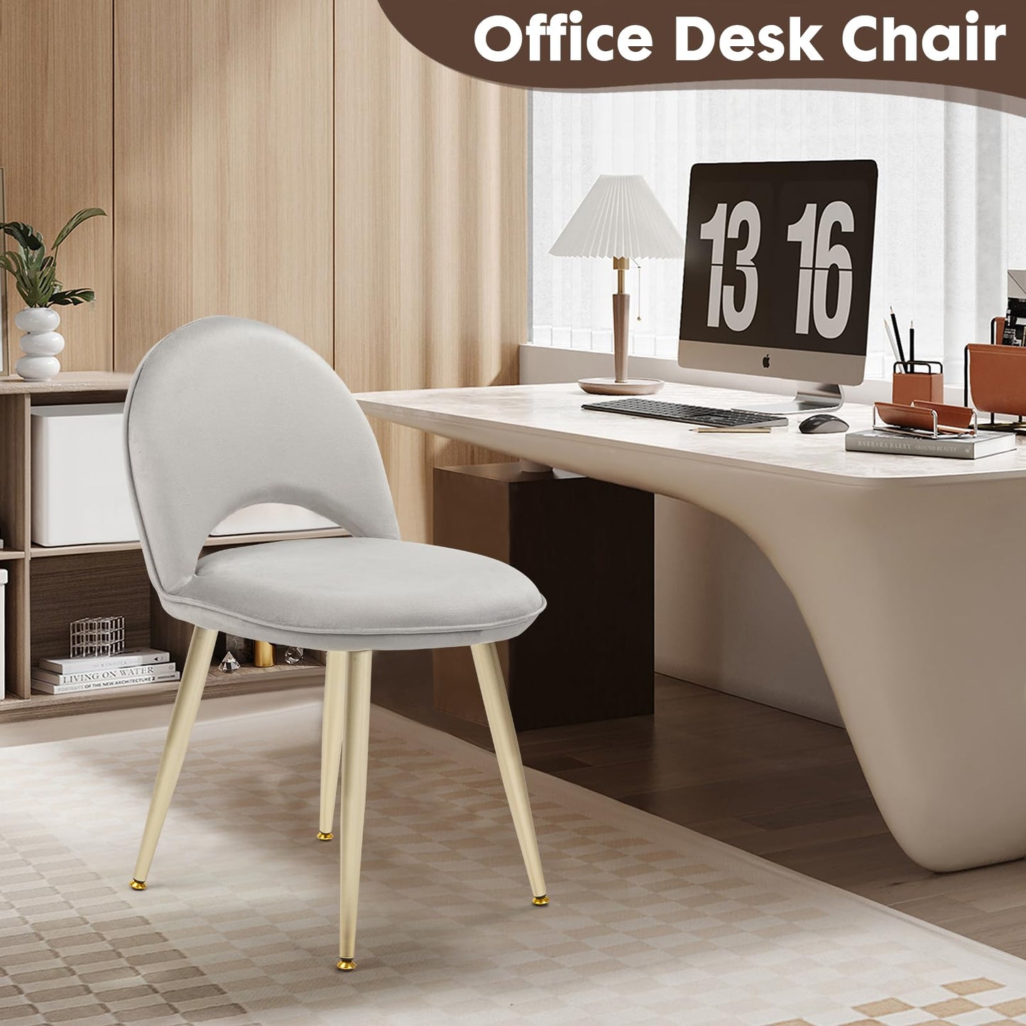 2BYF Home Sherpa Vanity Chair with Adjustable Backrest - Ergonomic Makeup Stool for Bedroom, Soft Upholstered Desk Chair for Home Office, Gold Metal Legs, Modern Seating for Small Spaces Gray