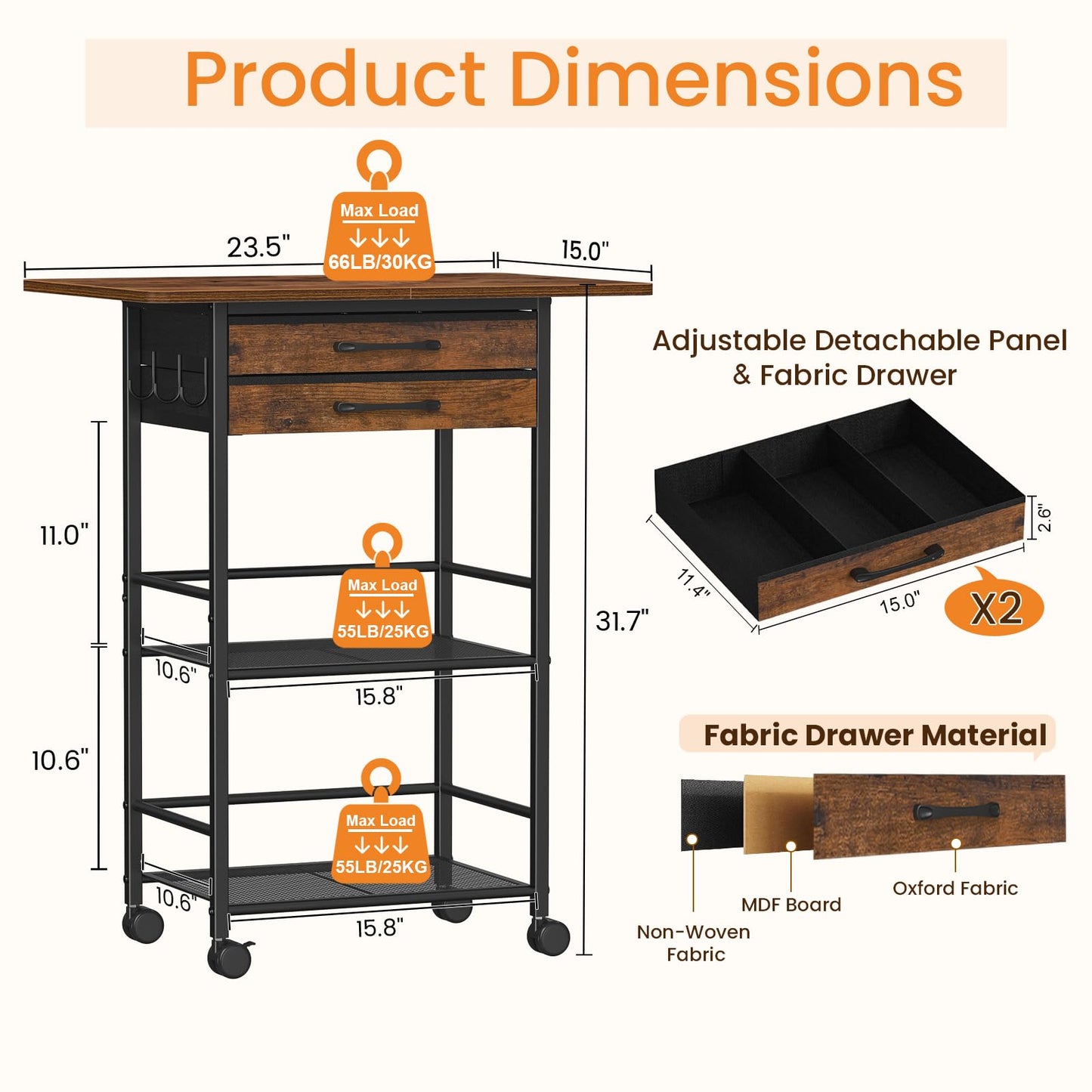 Snughome 5 Tier Rolling Coffee Cart with 2 Large Drawers & Removable Dividers, Extra-Wide Coffee Bar Cart with Storage, Farmhouse Coffee Station Cabinet for Living Room, Kitchen, Office