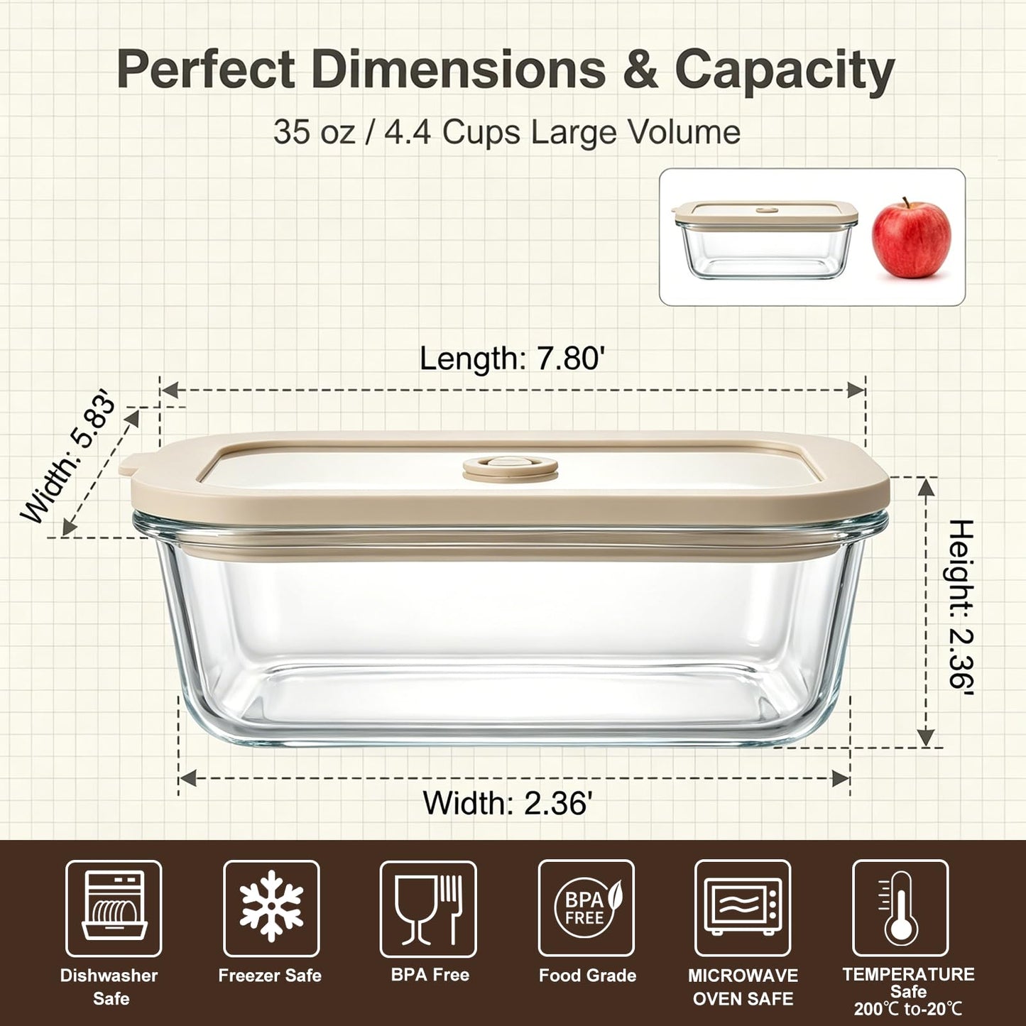 Encheng 5 Pack 35 oz Glass Meal Prep Containers, Plastic-Free Glass Food Storage Containers with Lids, 4.4 Cups Airtight Glass Lunch Containers for Leftovers, Microwave, Oven, Freezer and Dishwasher