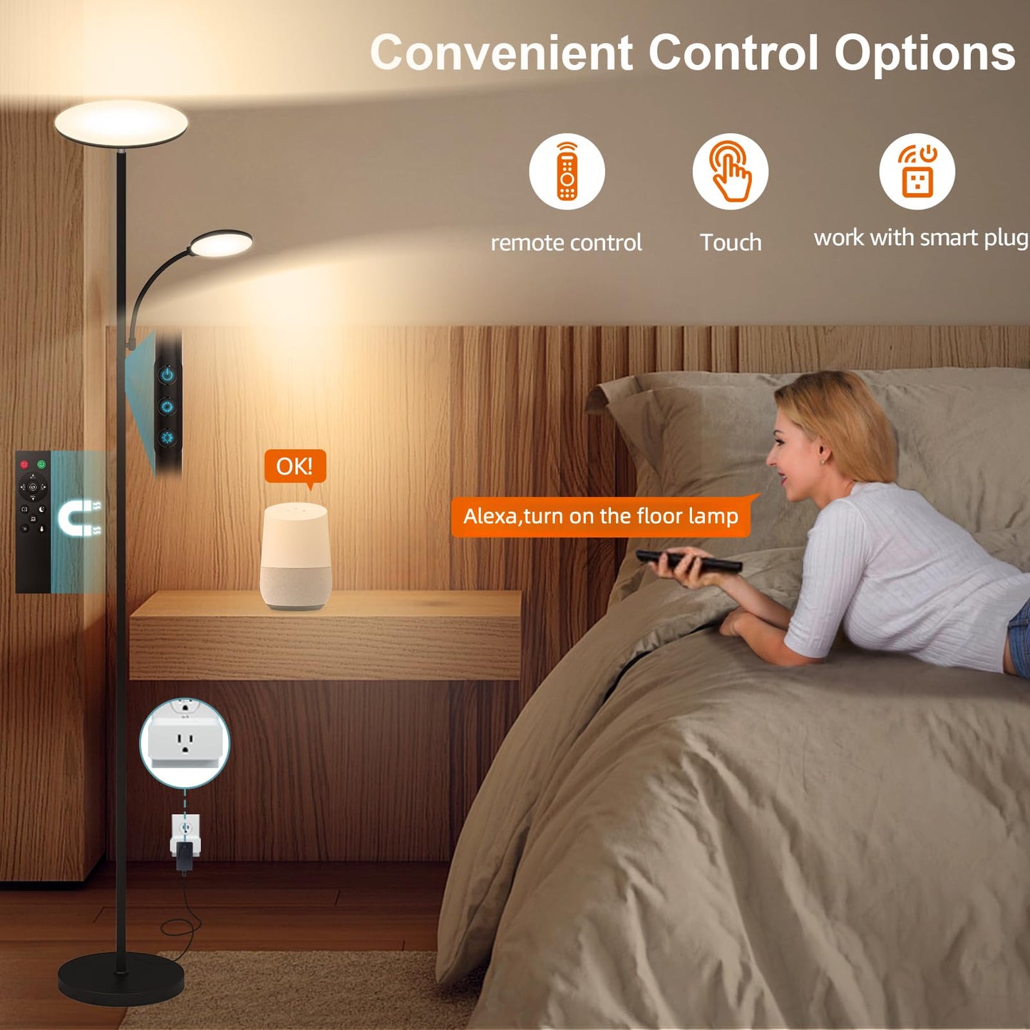 Floor Lamp, Upgraded 42W 4500LM Super Bright LED Floor Lamp with Rotatable Reading Light, Touch Remote Control & Memory Function, Stepless Dimmable Standing Lamp for Living Room Bedroom Office, Black