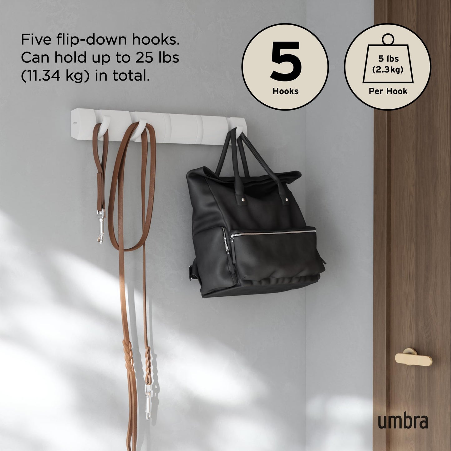 Umbra Flip Wall-Mounted Coat Rack with 5 Hooks – Modern, Space-Saving Storage for Hats, Jackets, Bags, Entryway, Mudroom, Closet, Bathroom, Bedroom – White/White