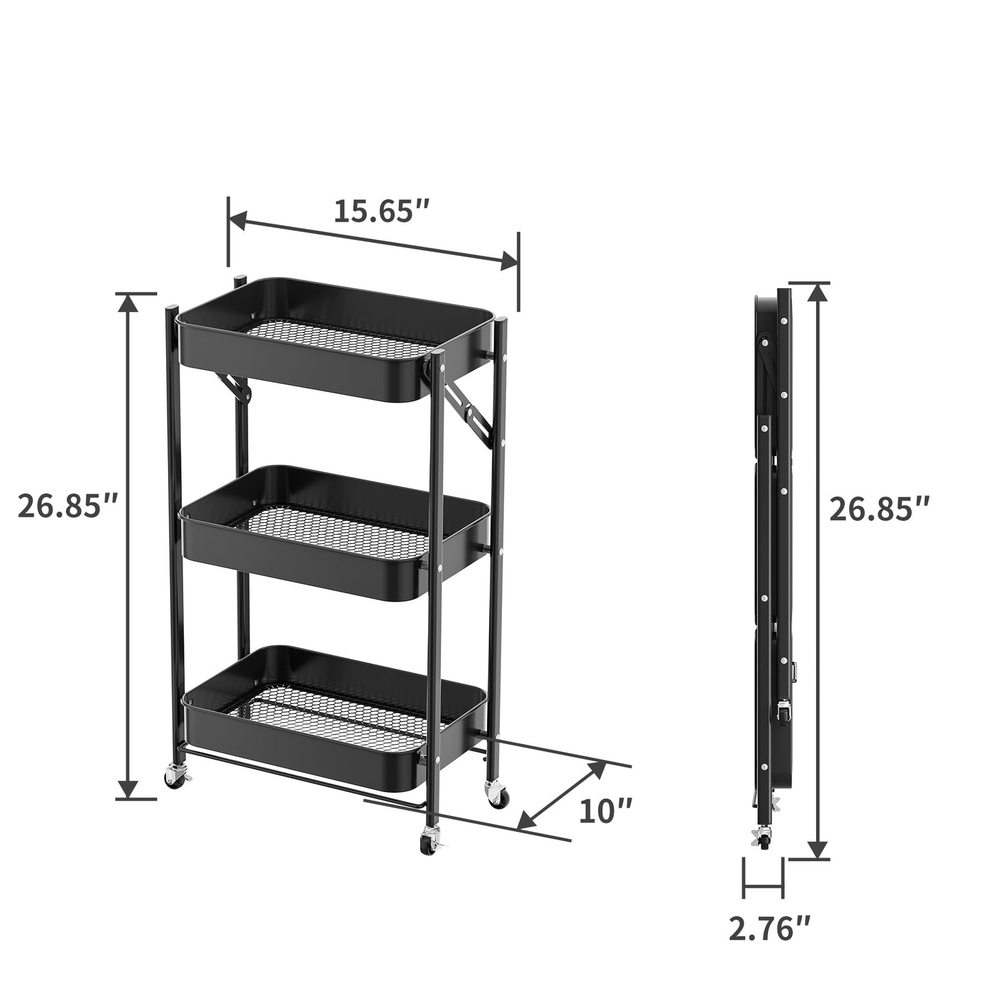 JAQ No Assembly Required Under Desk Rolling Cart, 3-Tier Foldable Metal Utility Cart, 26.8" Low Profile Storage Cart with Wheels, 10" Narrow Small Space Organizer, Black