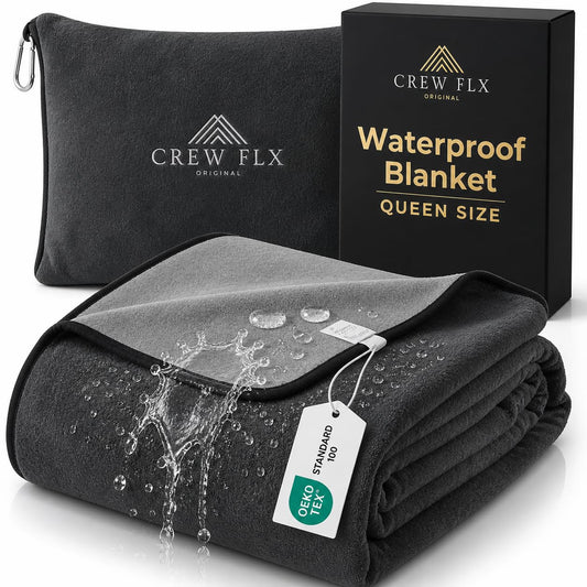 CREW FLX Waterproof Blanket for Bed (80"x60" Queen Size) Reversible Plush Fleece, Moisture Absorbent TPU Layer Stain Proof Couch Bed Mattress Water Proof Cover Light/Dark Gray