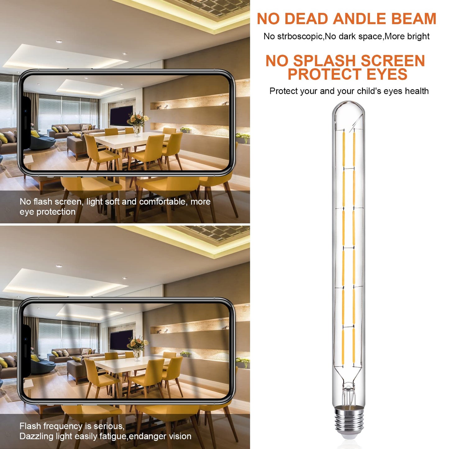 TIANSHQ LED Tube Bulbs,T10 Tubular Edison Style LED Filament Bulb, 12W Dimmable Antique LED Bulb,E26 Base,Clear Glass,4000K Daylight,1000LM(75-100W Equivalent),11.8in,6Pack