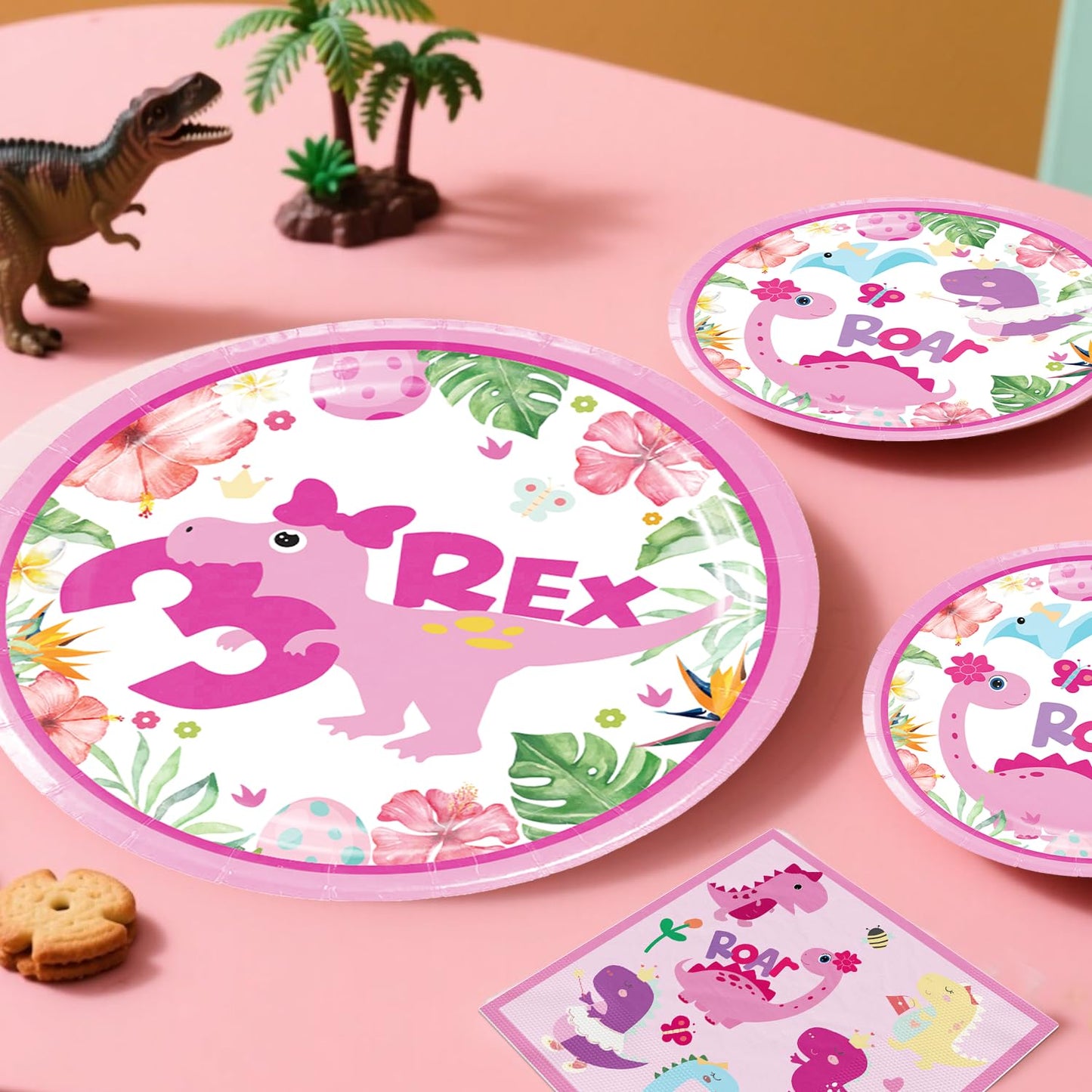 314Pcs Three Rex Birthday Decorations Serves 25 Guests, All-in-One Pink Dinosaur Birthday Decorations Includes Balloon Arch Kit, Banner, Plates, Balloons Box, Tablecloth, Cake Topper
