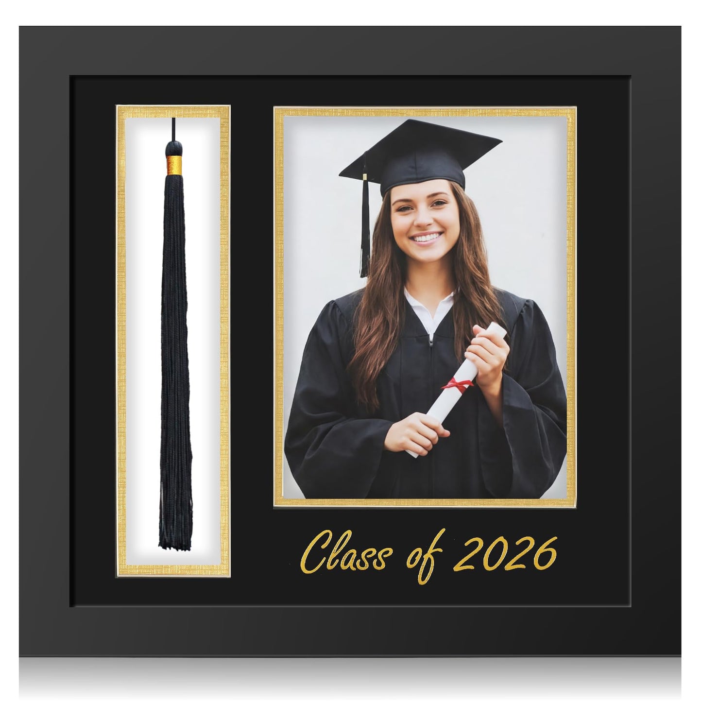 Amyhill Graduation Photo Frame 5×7 Inch with Tassel Holder for Pictures Photo Frame Elegant Black over Gold Double Mat Graduation Party Decorations, Class of 2026 Gift