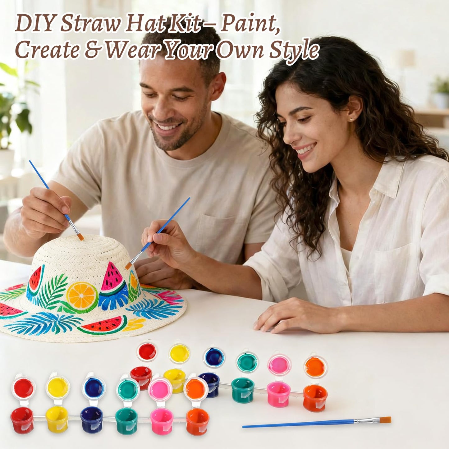 Chicingyou 12 Set DIY Straw Hat Set DIY Tea Party Hats Handmade Cap with Paints Brushes Craft Art Painting Cap Tea Party Supplies Mexican Arts Crafts Gifts for Adults Women Men
