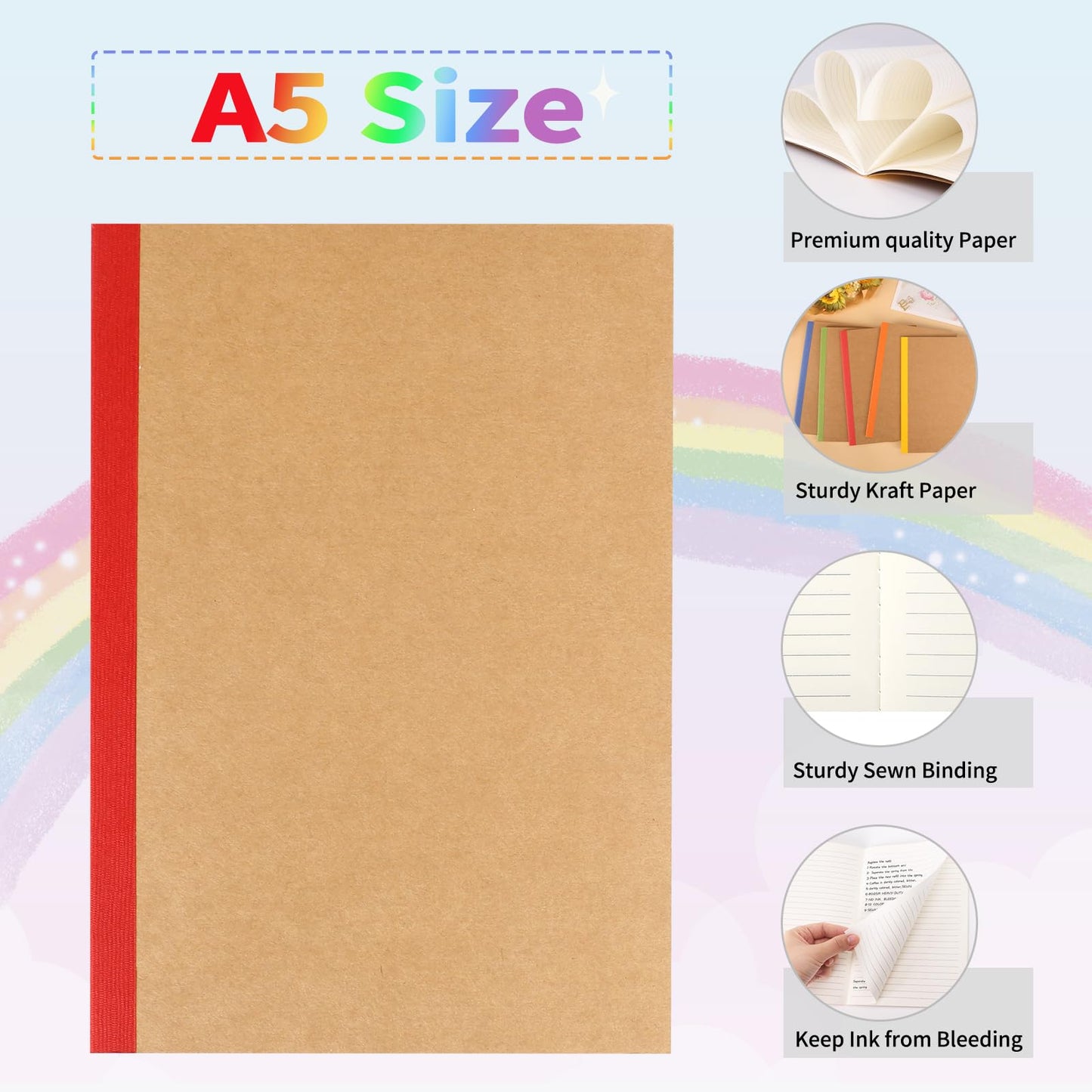 EOOUT 60 Pack A5 Kraft Notebooks, Composition Notebooks Lined Journal Bulk, 15 Colors with Rainbow Spines, 60 Pages for Kids Women Girls, School Office Supplies