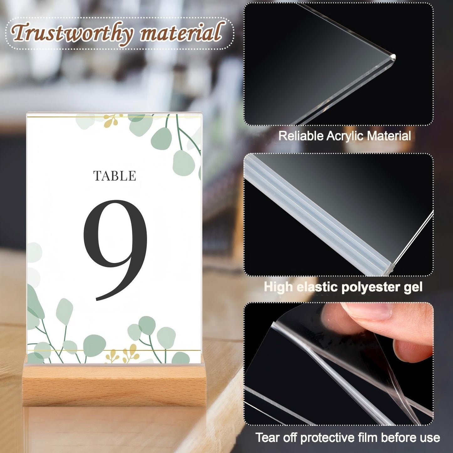 Vinsot 16 Pack 4 x 6 Inch Clear Acrylic Sign with Wood Base T Shape Sign Holder Vertical Blank Stands Desktop Display Plastic Menu Frame Double Sided Flyer Stand for Wedding Restaurant Party Decor