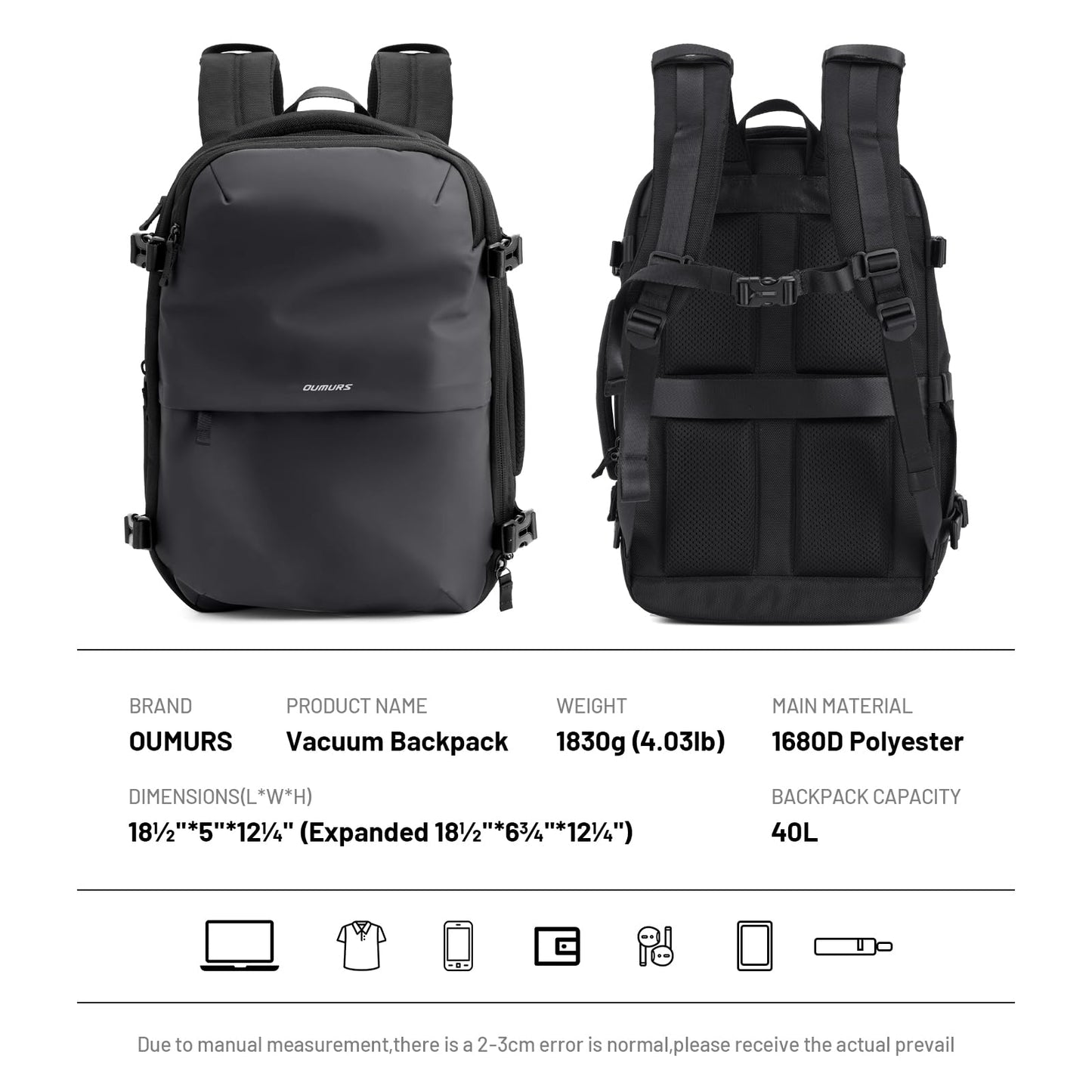 Oumurs Laptop Backpack for Long Travel with 30-40L Expandable Large Capacity Water-resistant Gray 1680D Oxford Fabric Lamination Fabric
