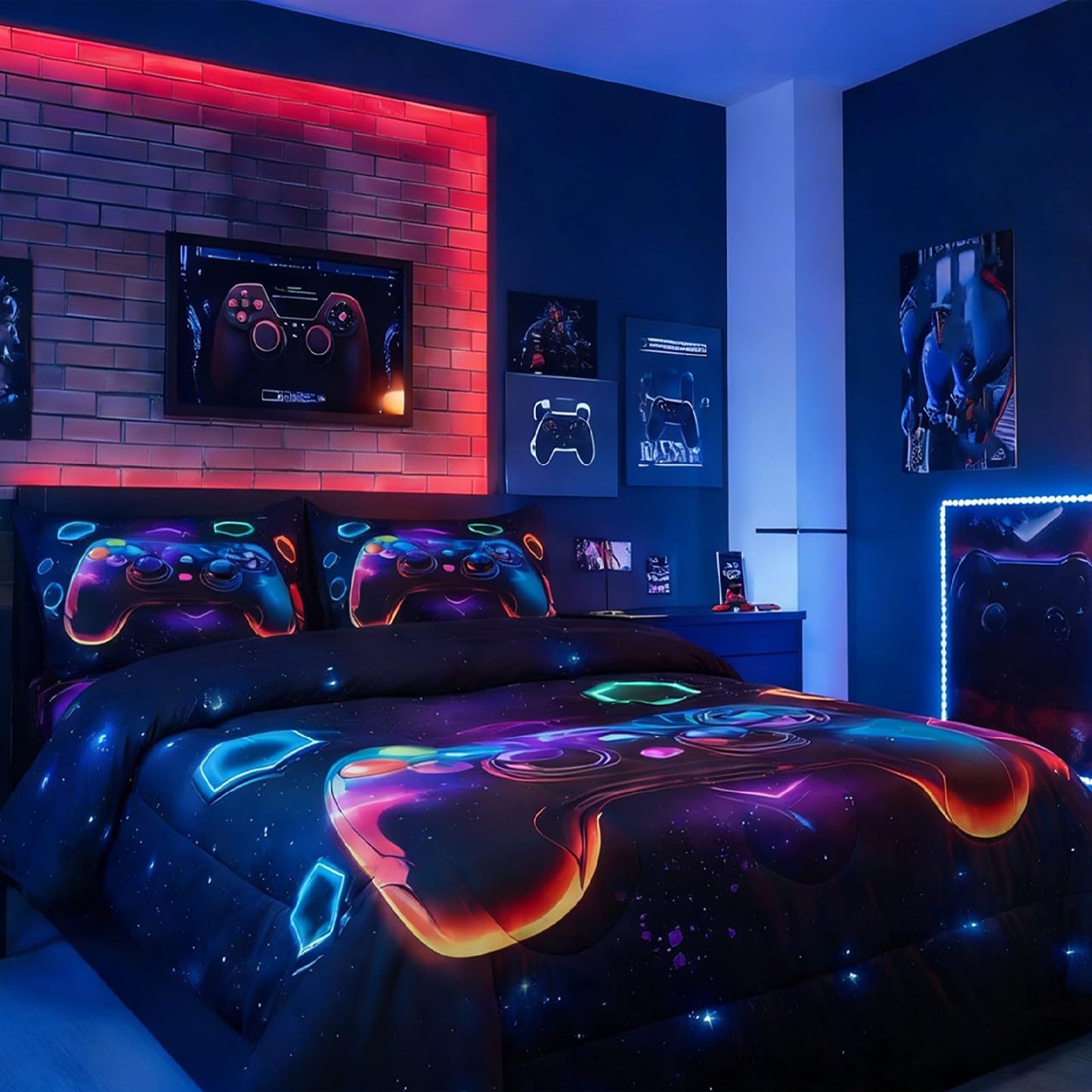 Erosebridal Game Consoles Boys Comforter Sets Twin Gamer Gifts,Gamer Twin Bedding Sets for Boys Space Glow Geometric Kids Comforter Set Red Green Blue Teal,Gaming Room Decor