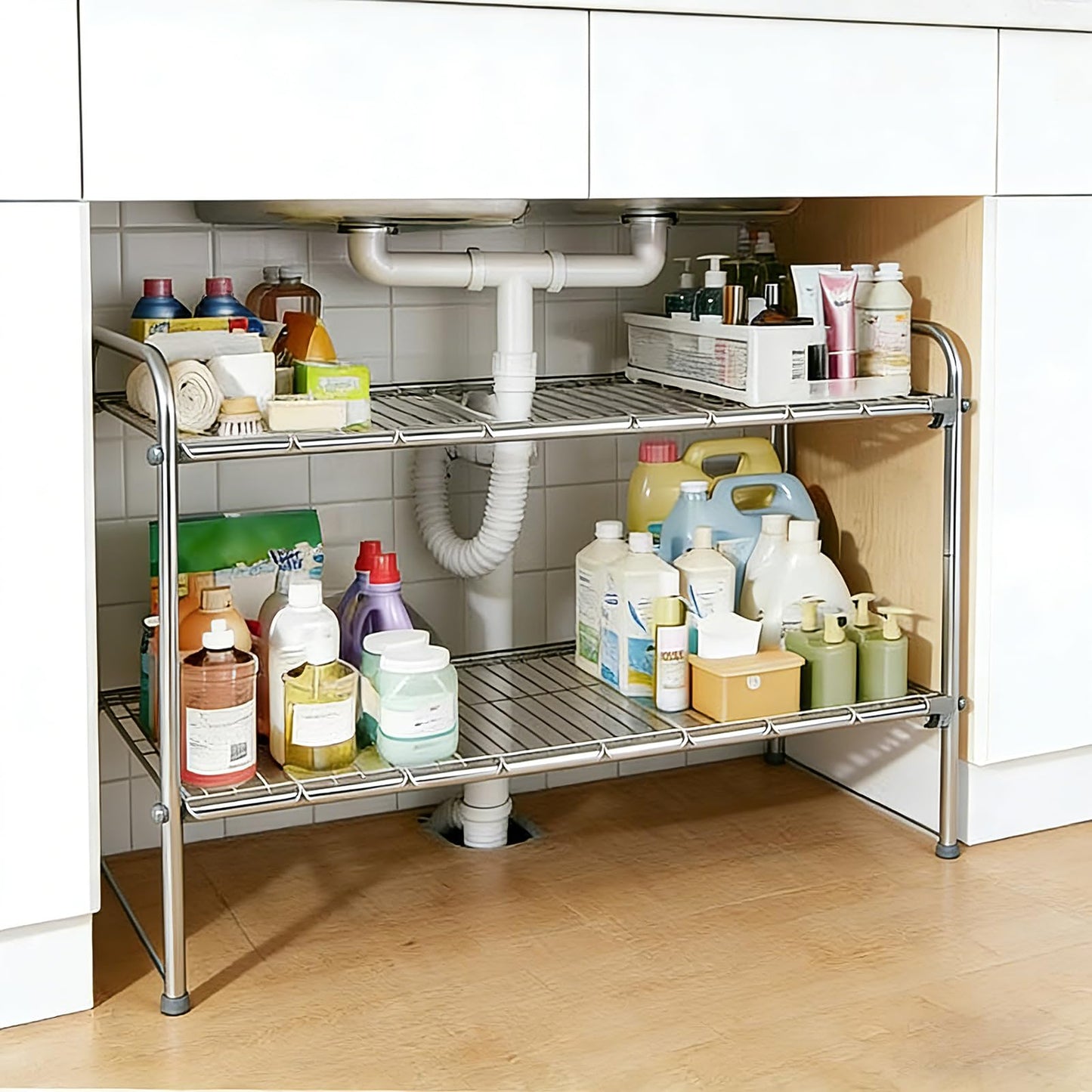 SONWIN Under Sink Organizers and Storage，2 Tier Expandable Under Cabinet Organizer Shelf for Under Kitchen Bathroom Sink Organizers and Storage