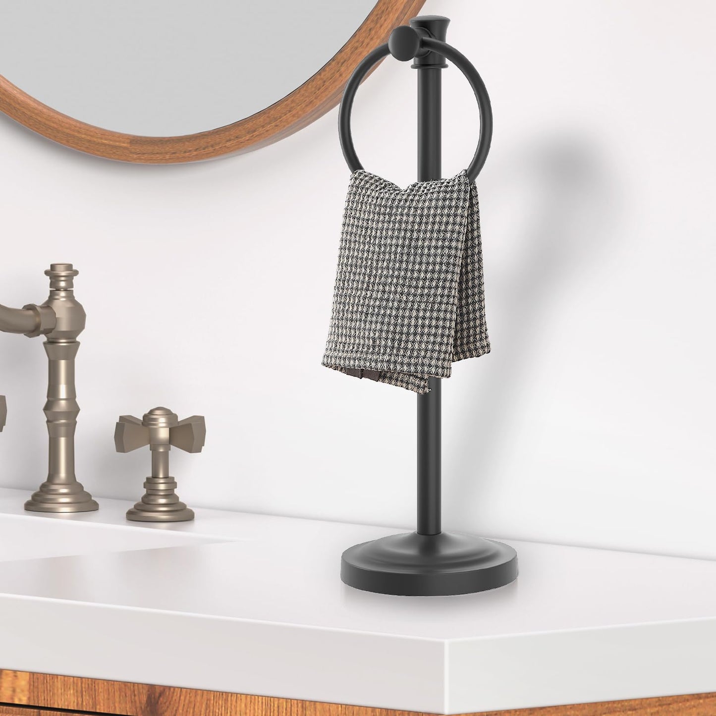 Hoimpro 17 Inch Stand Hand Towel Holder Towel Bar Towel Hanging Ring, Free Standing Floor Hand Towel Rack Storage for Bathroom Kitchen Vanity Countertops, Hardware Accessories(Matte Black)