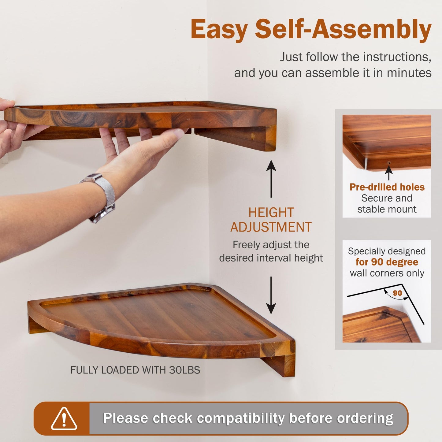 Demigo Floating Round Corner Shelves for Wall 2pcs - Acacia Wood Wall-Mounted Storage Shelves for Home Decor, Space Saving Displays for Living Room, Kitchen, Office, and Bedroom (Natural Brown)